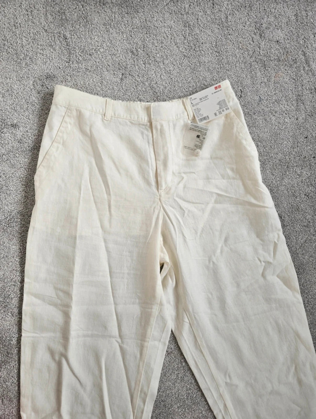 Uniqlo linien cotton tapered trousers women relaxed elastic waist straight wide leg off white L/12