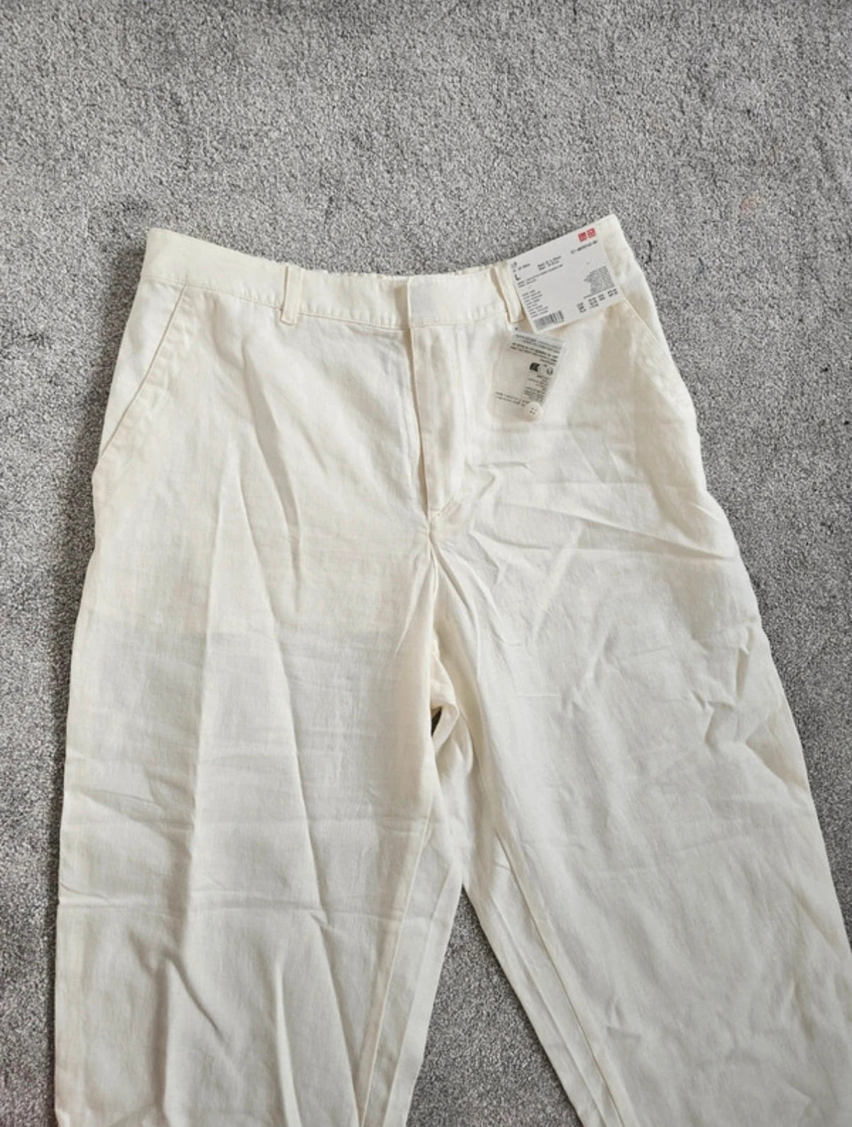 Uniqlo linien cotton tapered trousers women relaxed elastic waist straight wide leg off white L/12