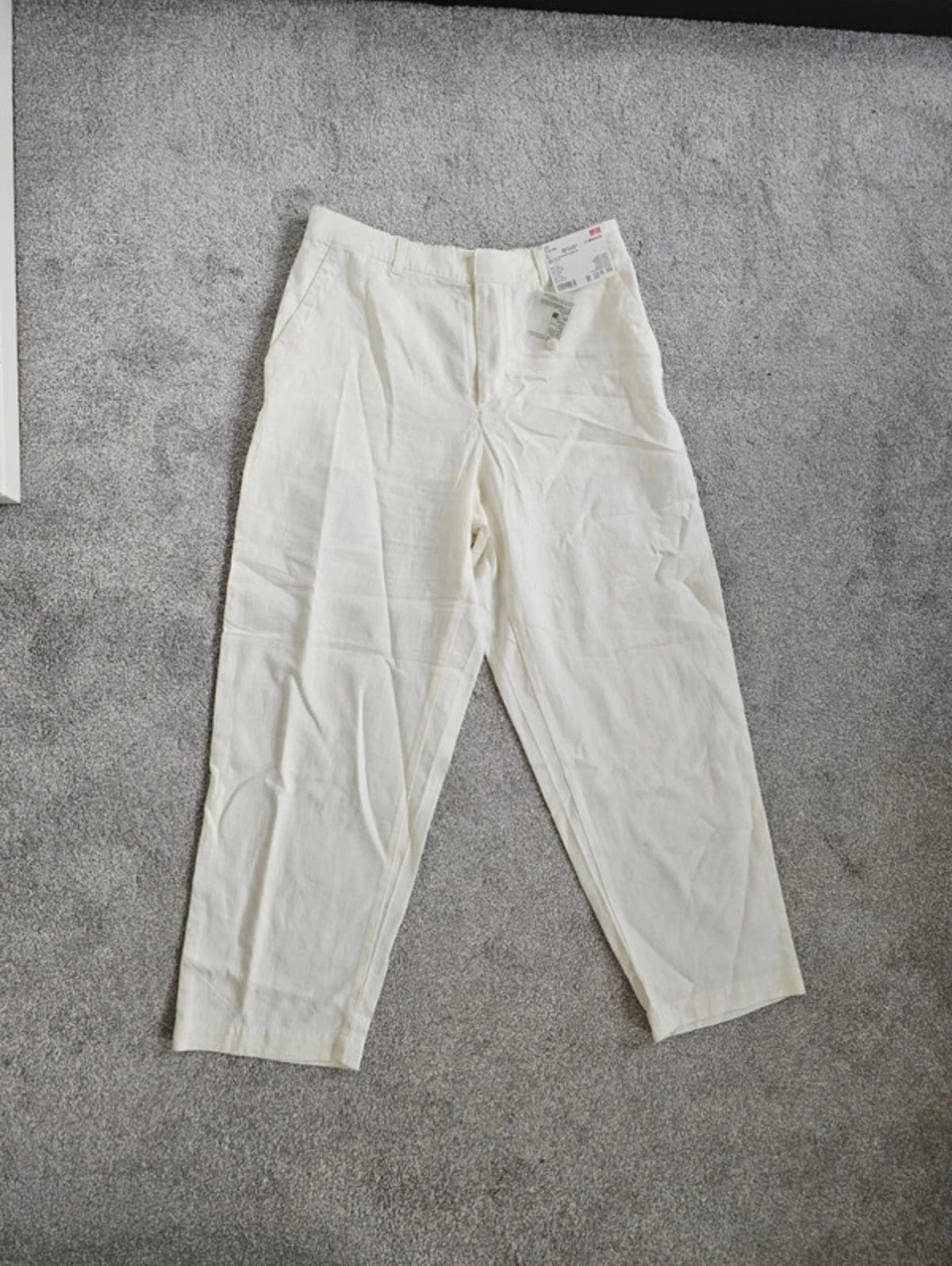 Uniqlo linien cotton tapered trousers women relaxed elastic waist straight wide leg off white L/12