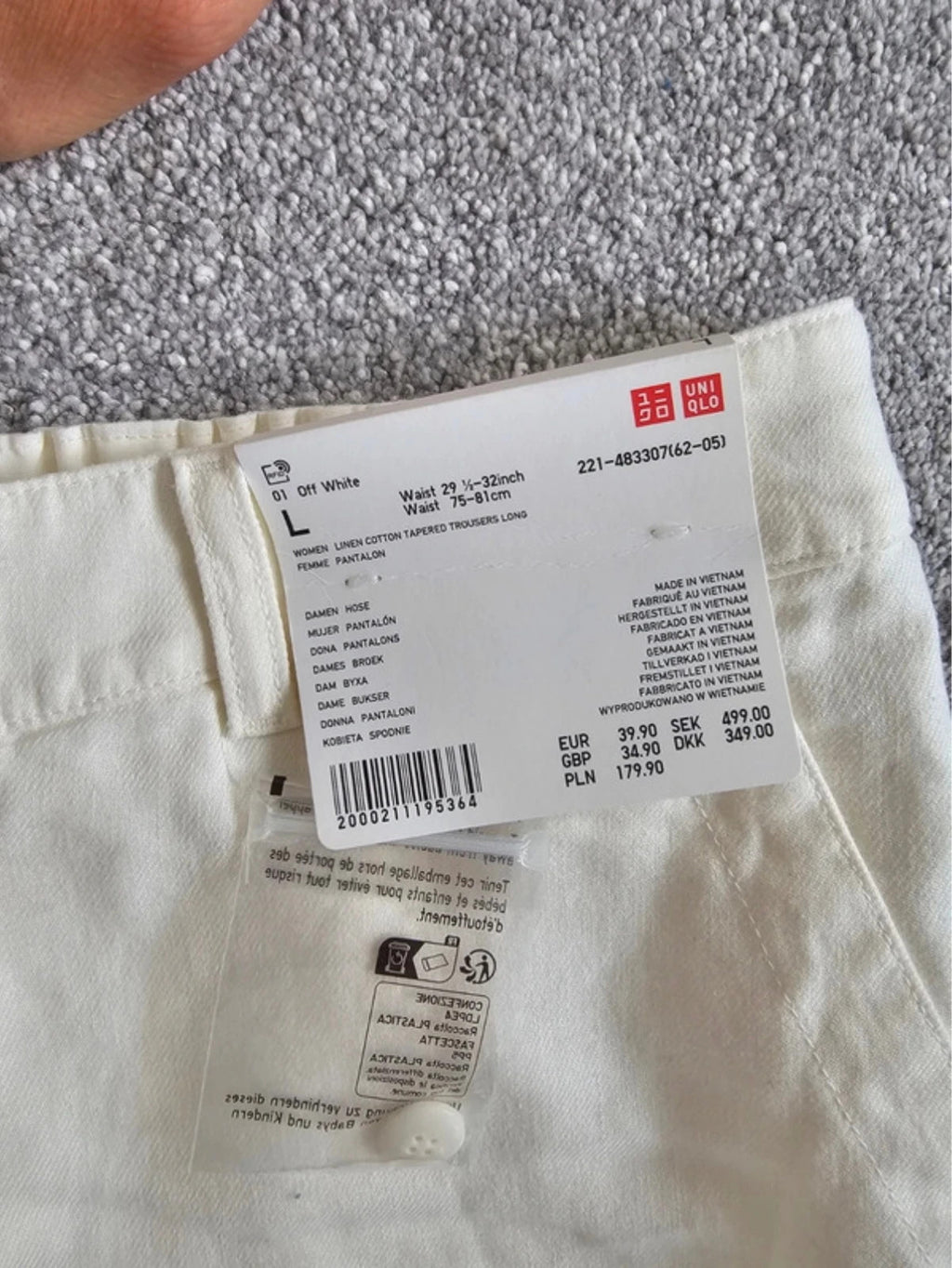 Uniqlo linien cotton tapered trousers women relaxed elastic waist straight wide leg off white L/12
