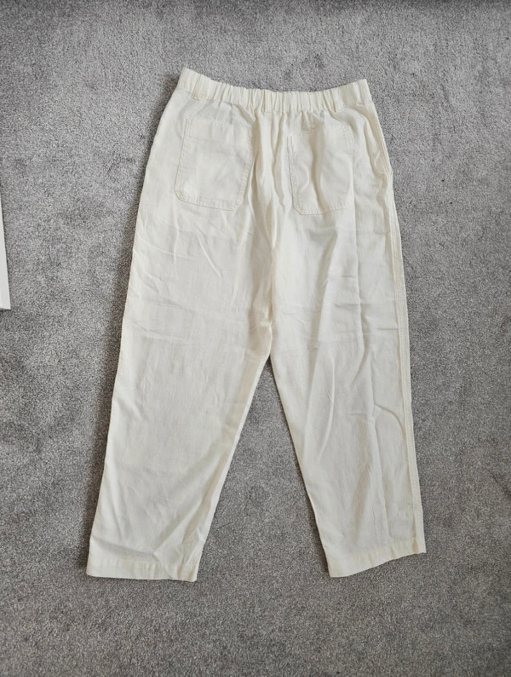 Uniqlo linien cotton tapered trousers women relaxed elastic waist straight wide leg off white L/12