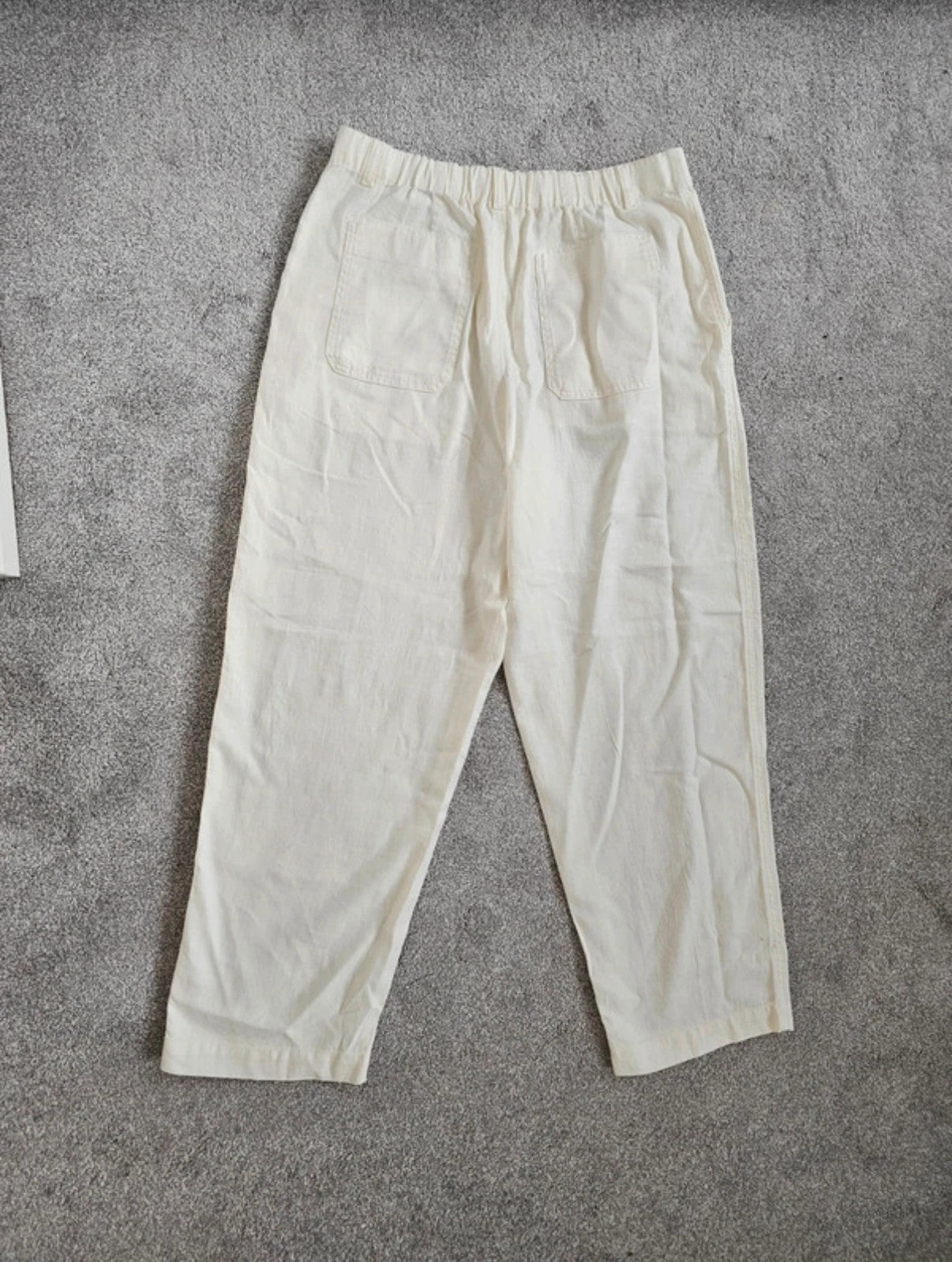 Uniqlo linien cotton tapered trousers women relaxed elastic waist straight wide leg off white L/12