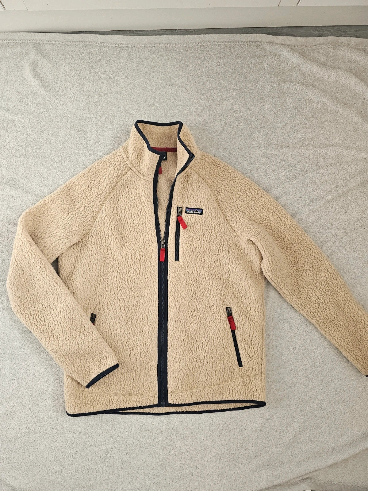 Patagonia men retro pile fleece jacket full zip stand-up collar pullover regular beige L