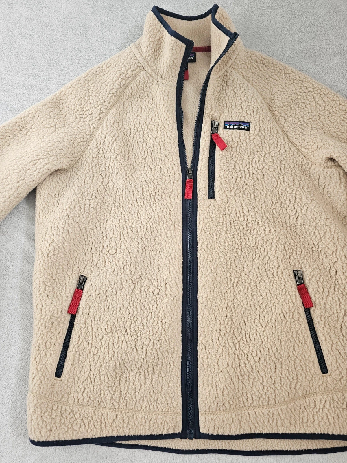 Patagonia men retro pile fleece jacket full zip stand-up collar pullover regular beige L
