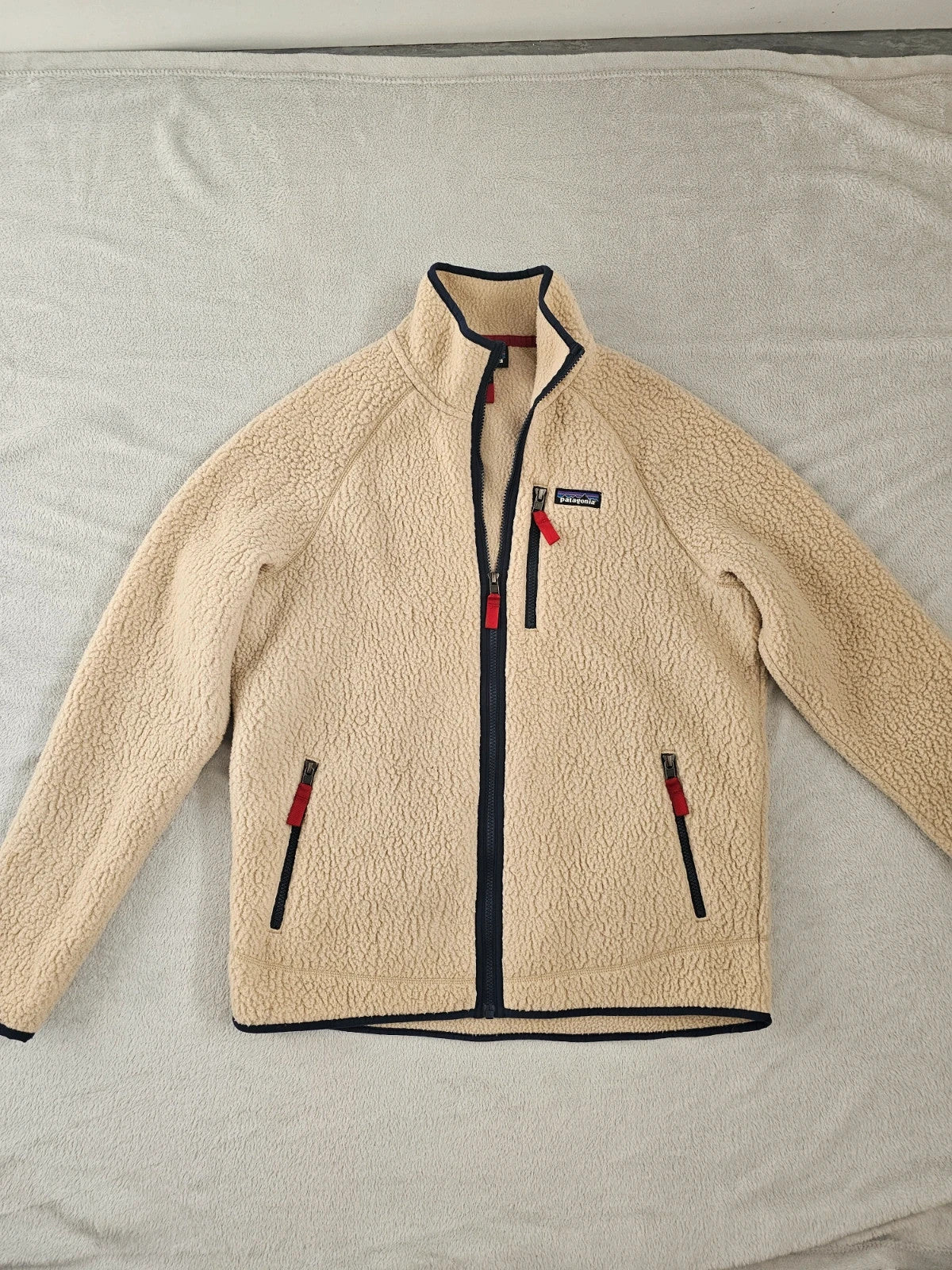 Patagonia men retro pile fleece jacket full zip stand-up collar pullover regular beige L