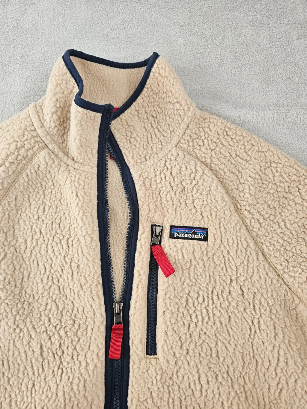 Patagonia men retro pile fleece jacket full zip stand-up collar pullover regular beige L