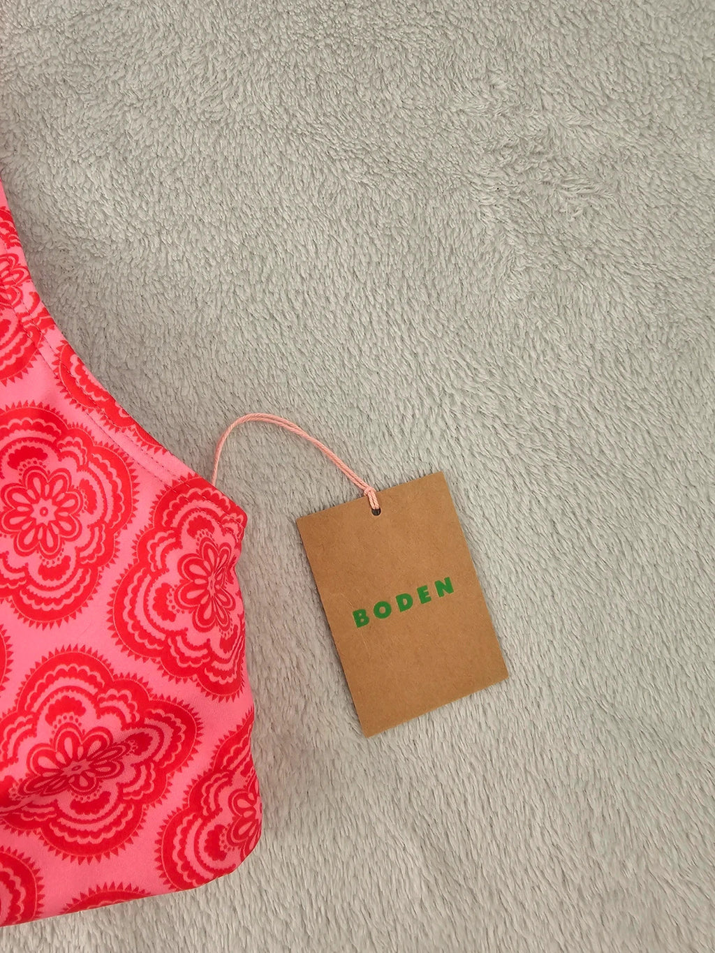Boden women tie front bikini top padded cups scoop back bow geometric print swimwear red XL/14