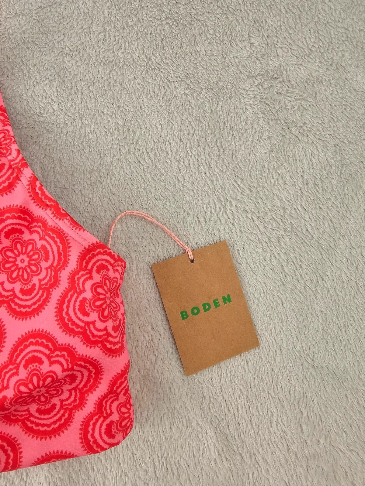 Boden women tie front bikini top padded cups scoop back bow geometric print swimwear red XL/14