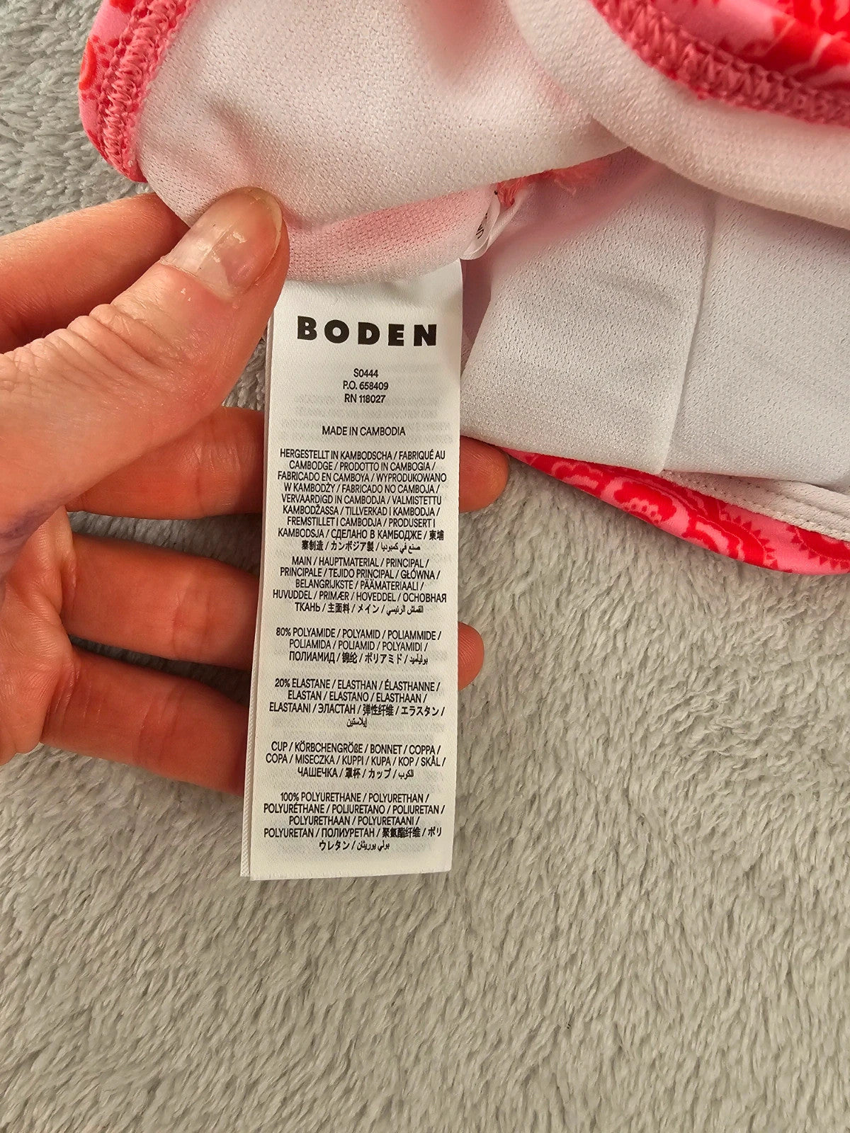 Boden women tie front bikini top padded cups scoop back bow geometric print swimwear red XL/14