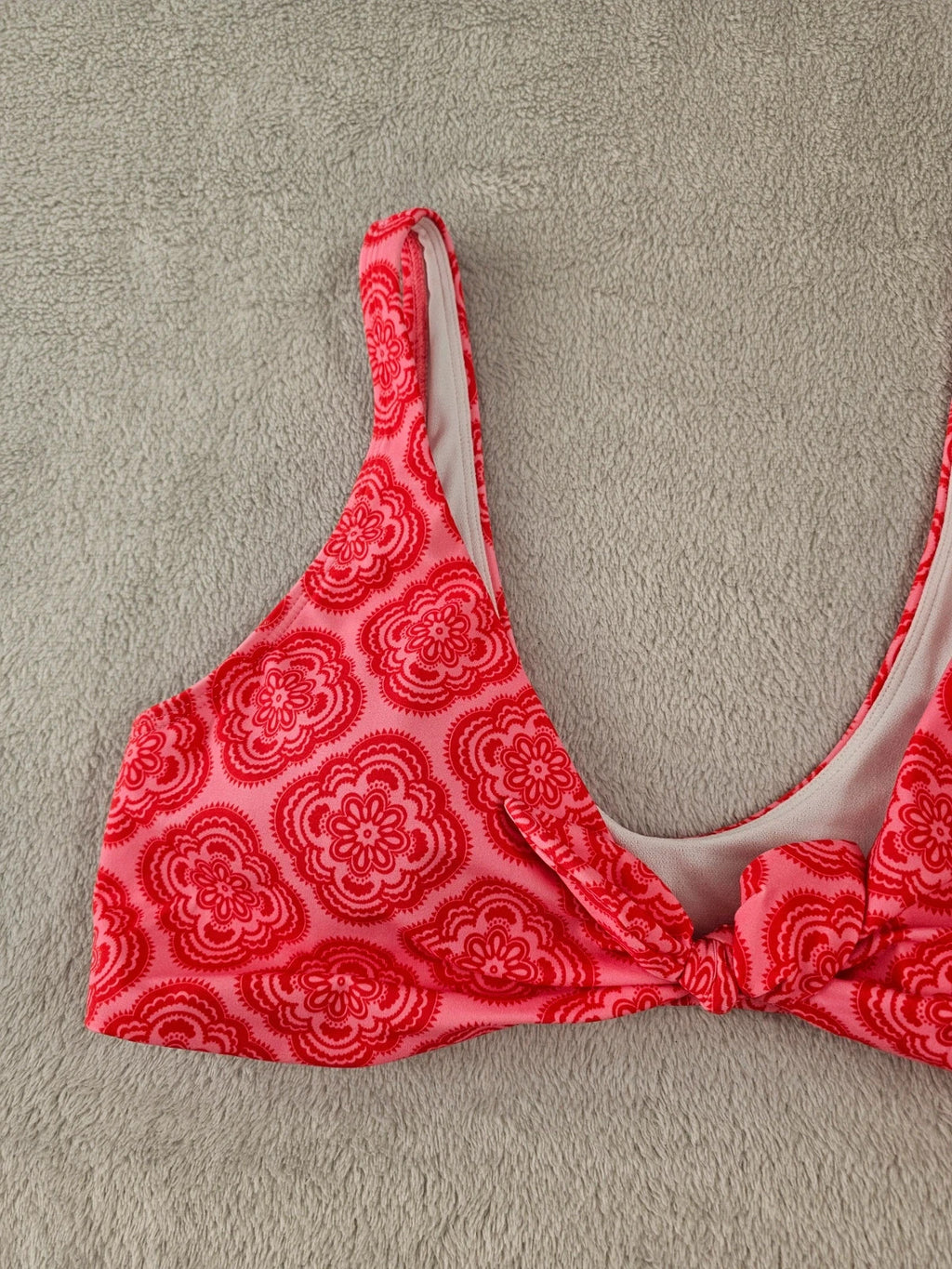 Boden women tie front bikini top padded cups scoop back bow geometric print swimwear red XL/14