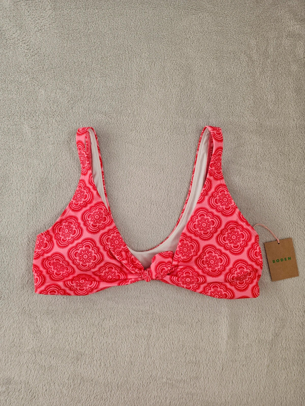Boden women tie front bikini top padded cups scoop back bow geometric print swimwear red XL/14