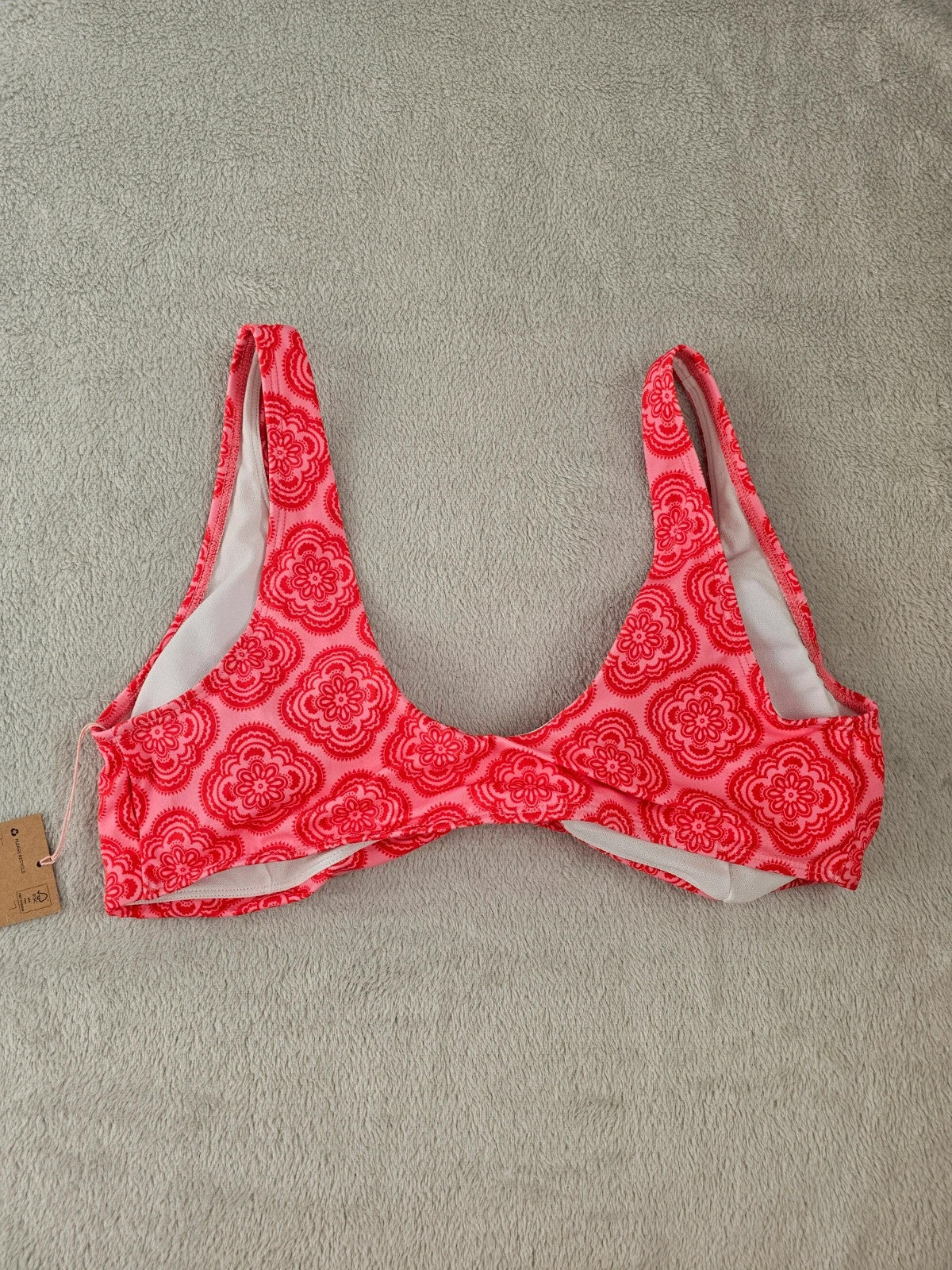 Boden women tie front bikini top padded cups scoop back bow geometric print swimwear red XL/14