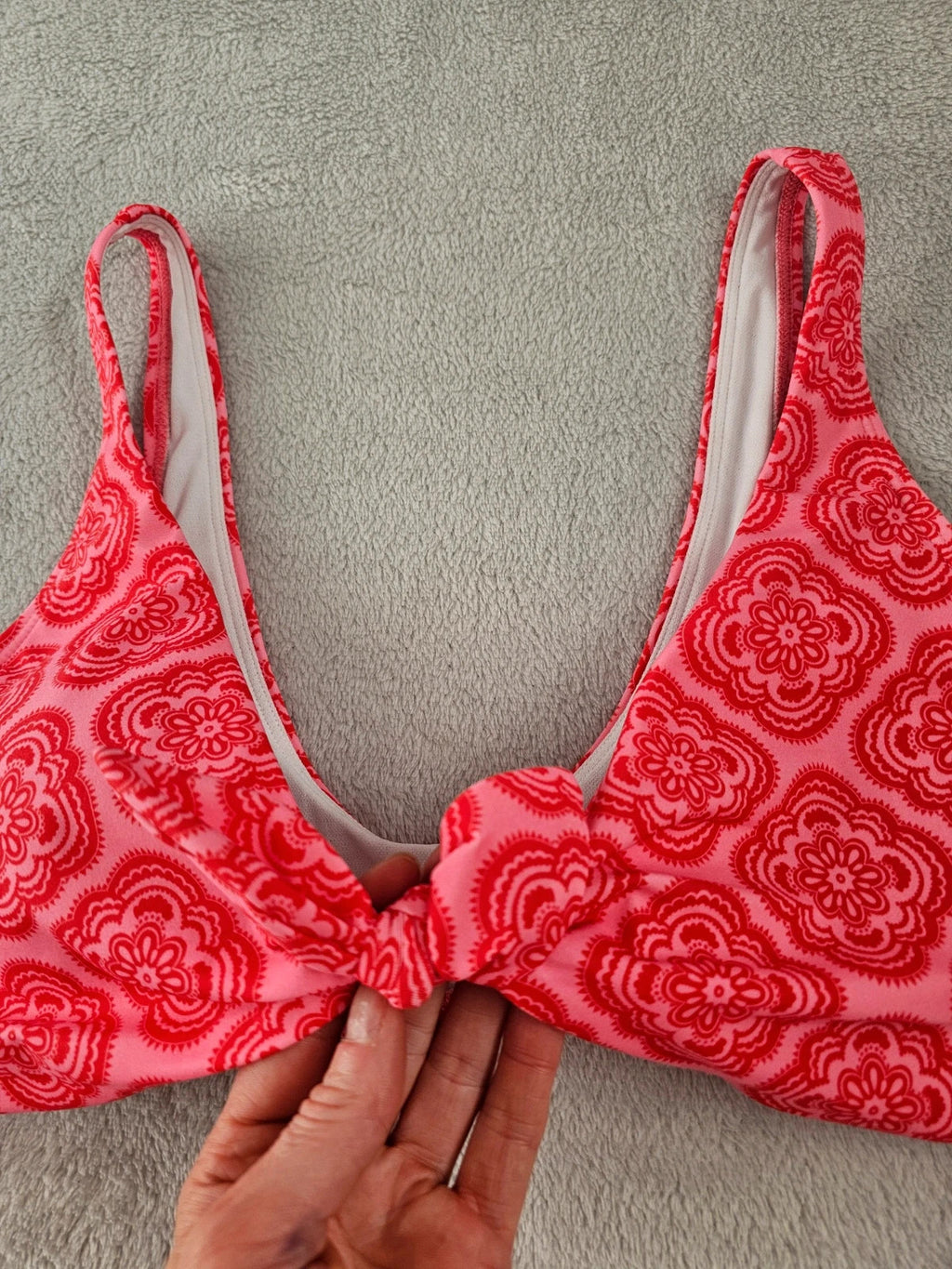 Boden women tie front bikini top padded cups scoop back bow geometric print swimwear red XL/14