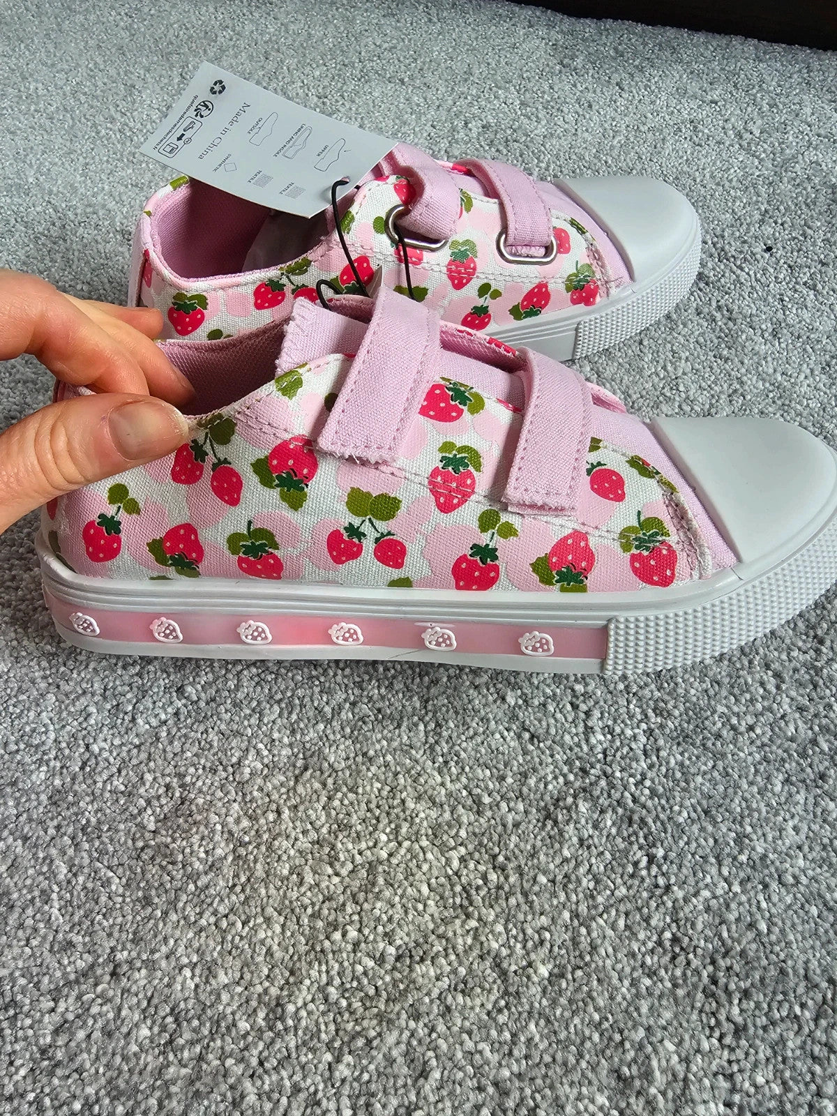 Generic girls light up hook and loop trainers pink strawberry print shoes walking running UK13 EU32