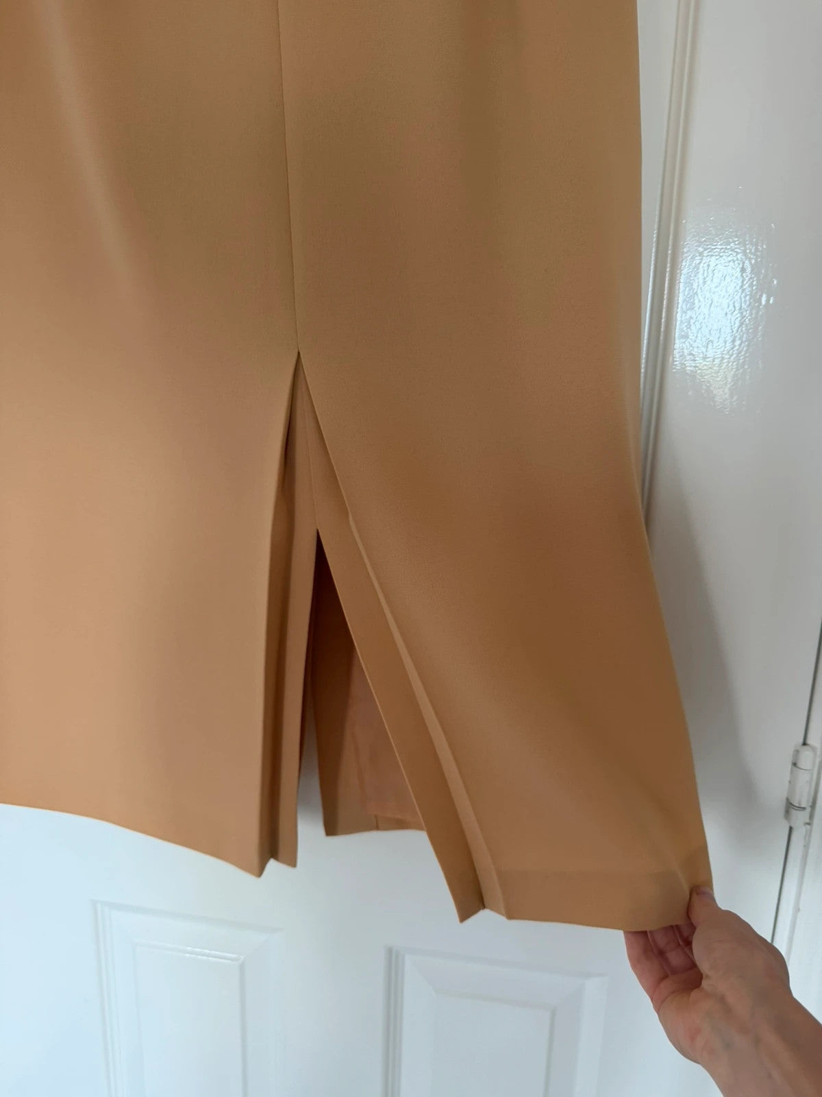 Jacques Vert women vintage tailored front-pleat midi skirt mid-rise pencil office canel/brown 2XL/16