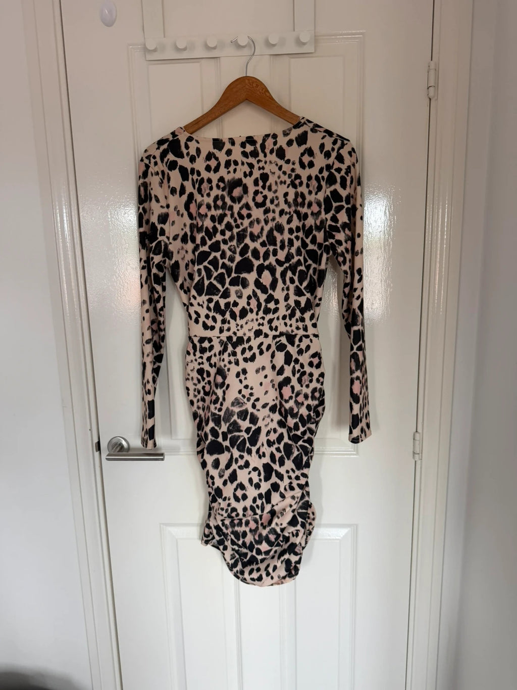 Quiz women leopard animal wrap print midi dress long sleeve V-neck ruched side beige/black XL/14