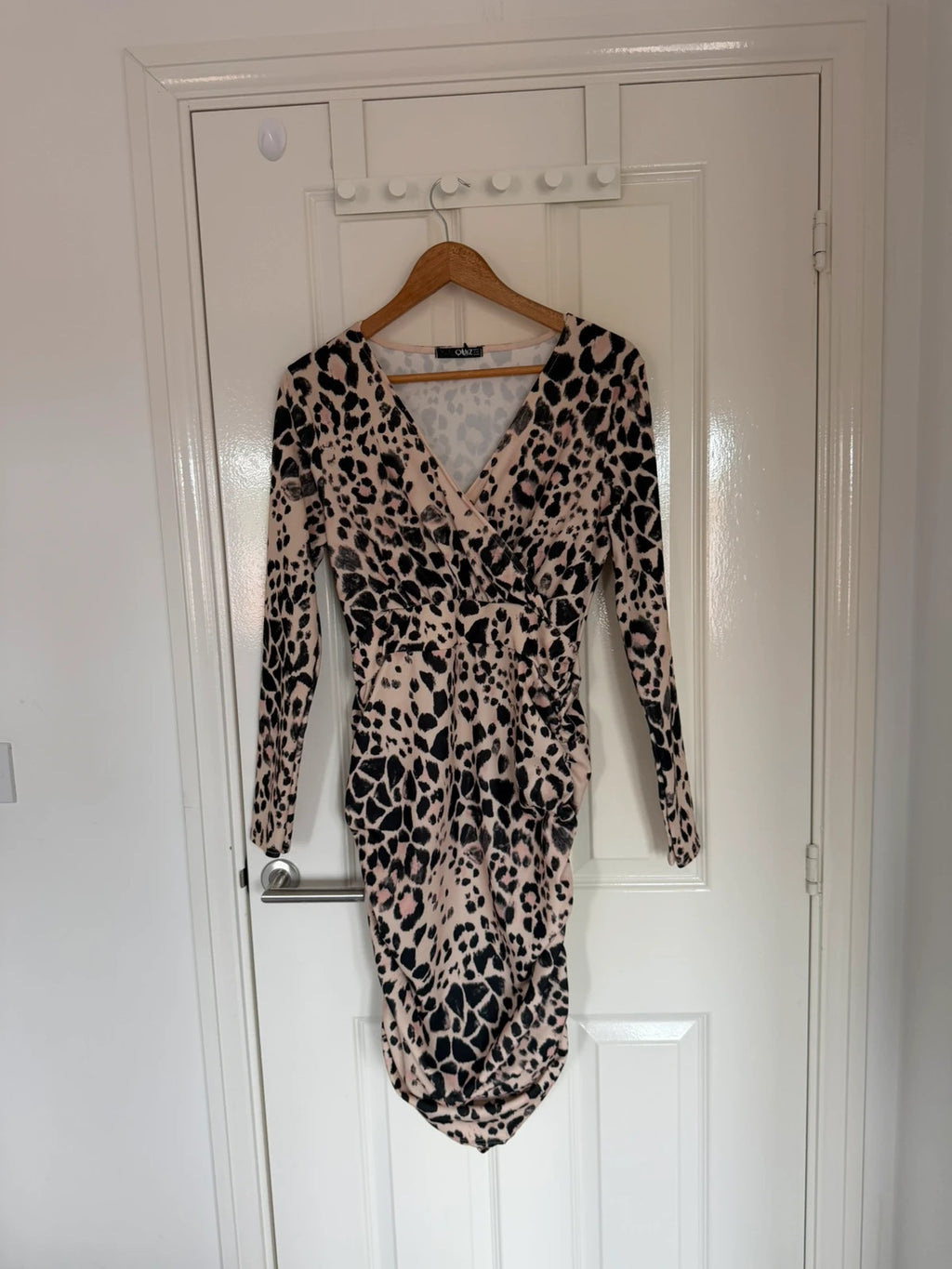 Quiz women leopard animal wrap print midi dress long sleeve V-neck ruched side beige/black XL/14