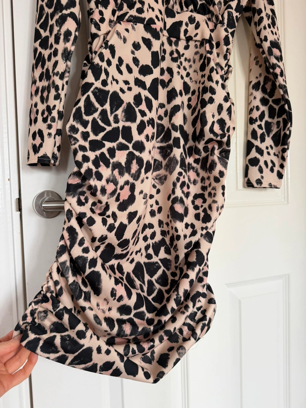 Quiz women leopard animal wrap print midi dress long sleeve V-neck ruched side beige/black XL/14
