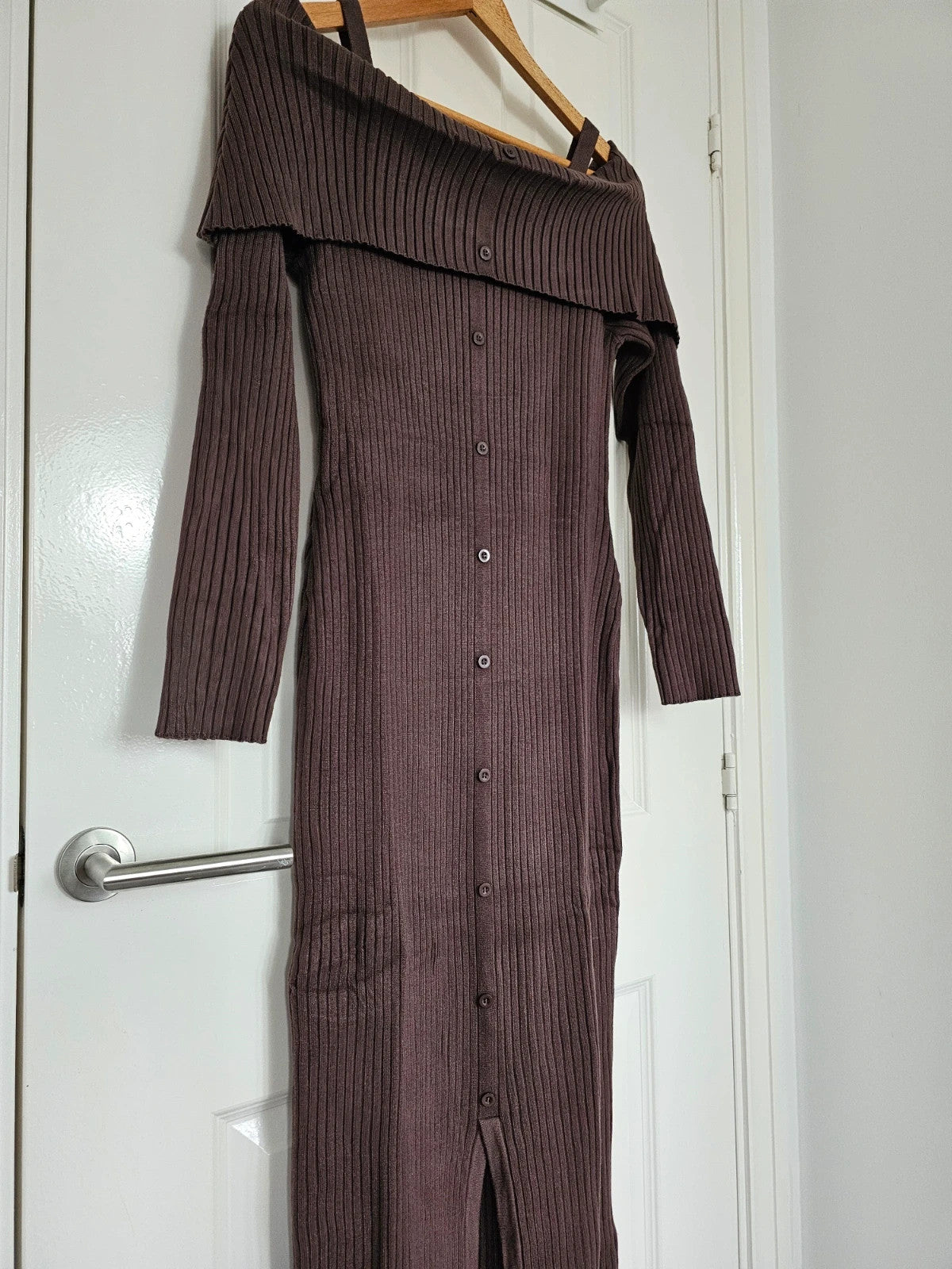 Killstar women dust empress maxi dress thick rib long sleeve off shoulder brown L/12-14