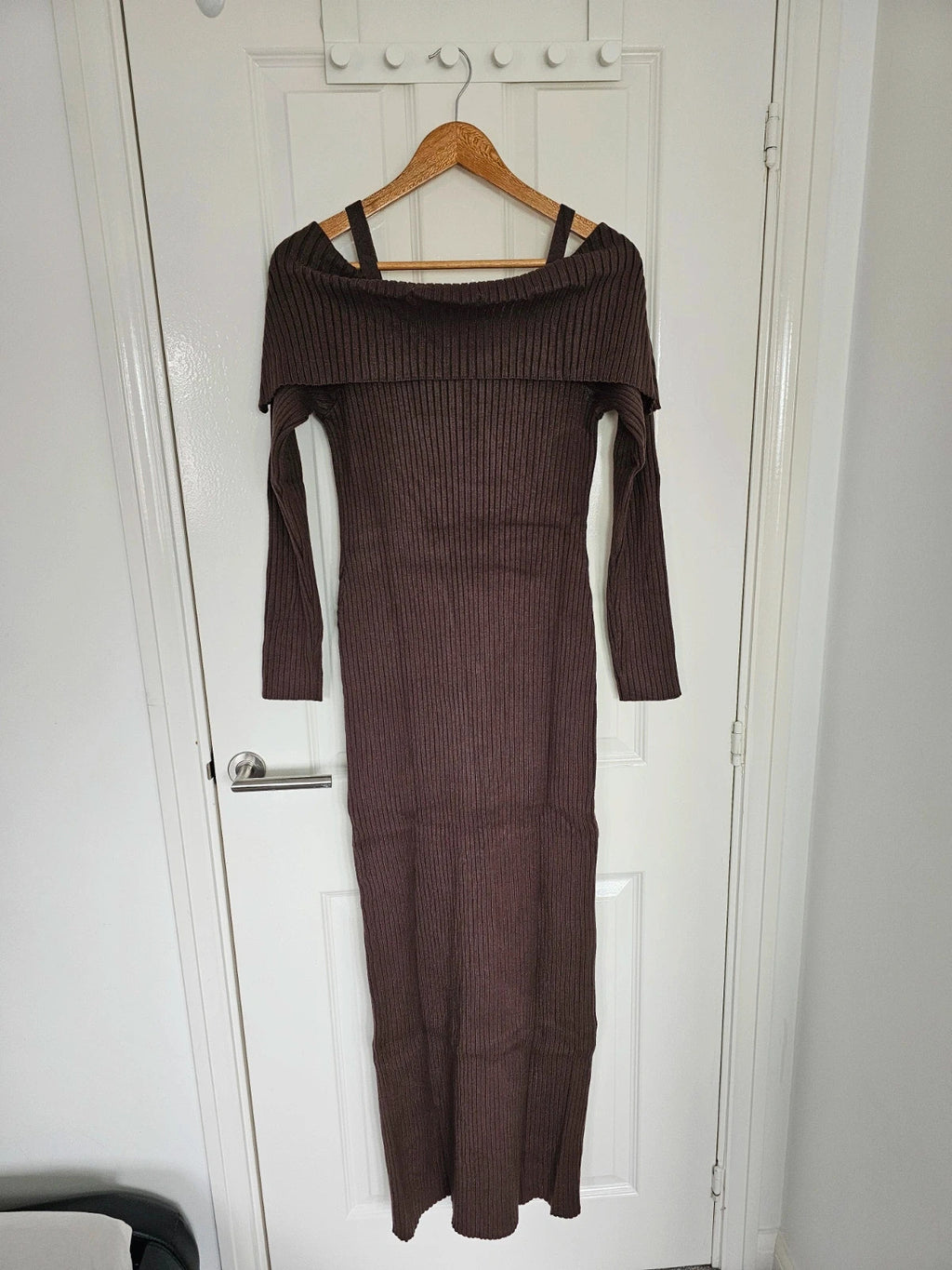 Killstar women dust empress maxi dress thick rib long sleeve off shoulder brown L/12-14