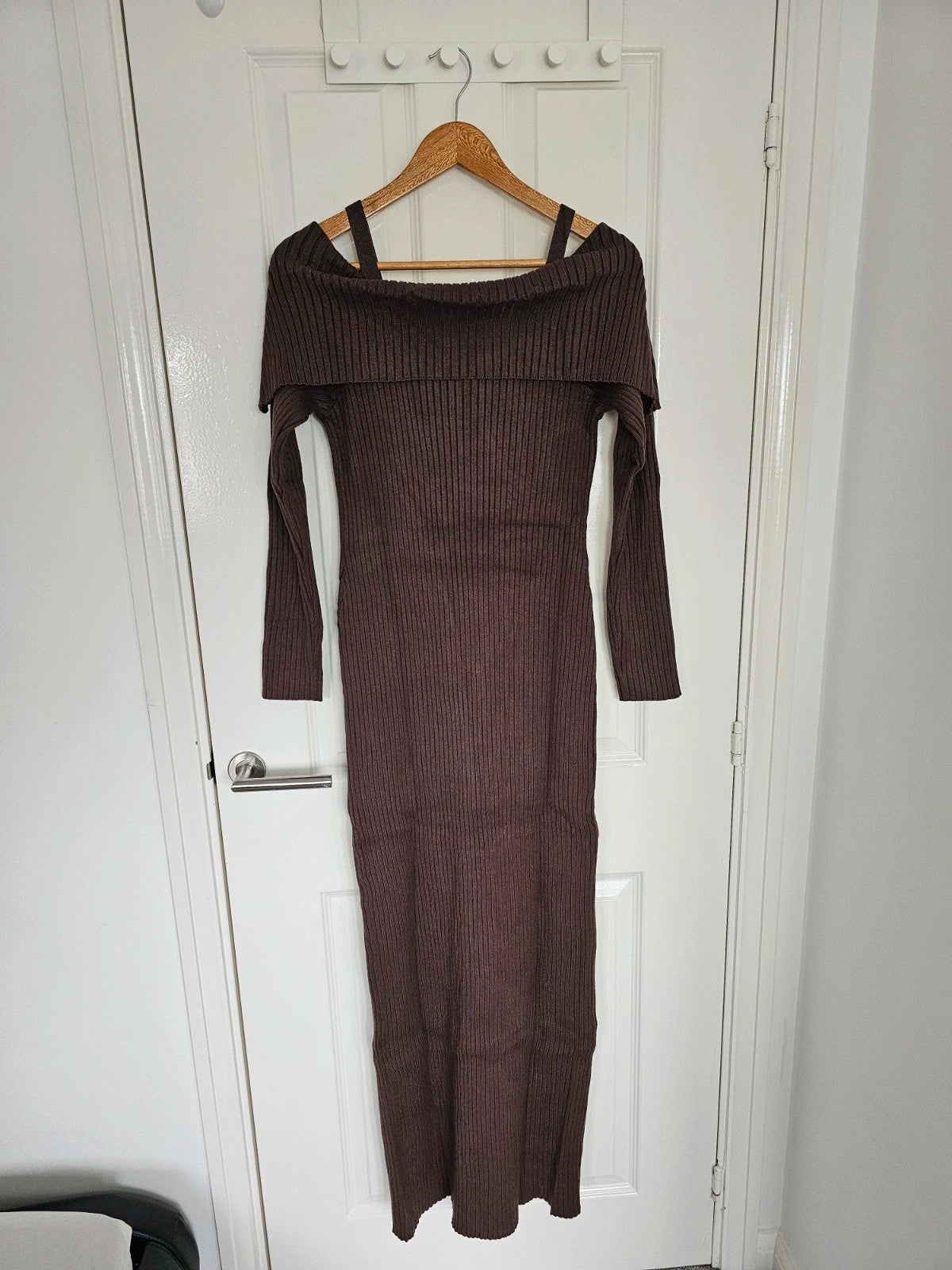 Killstar women dust empress maxi dress thick rib long sleeve off shoulder brown L/12-14