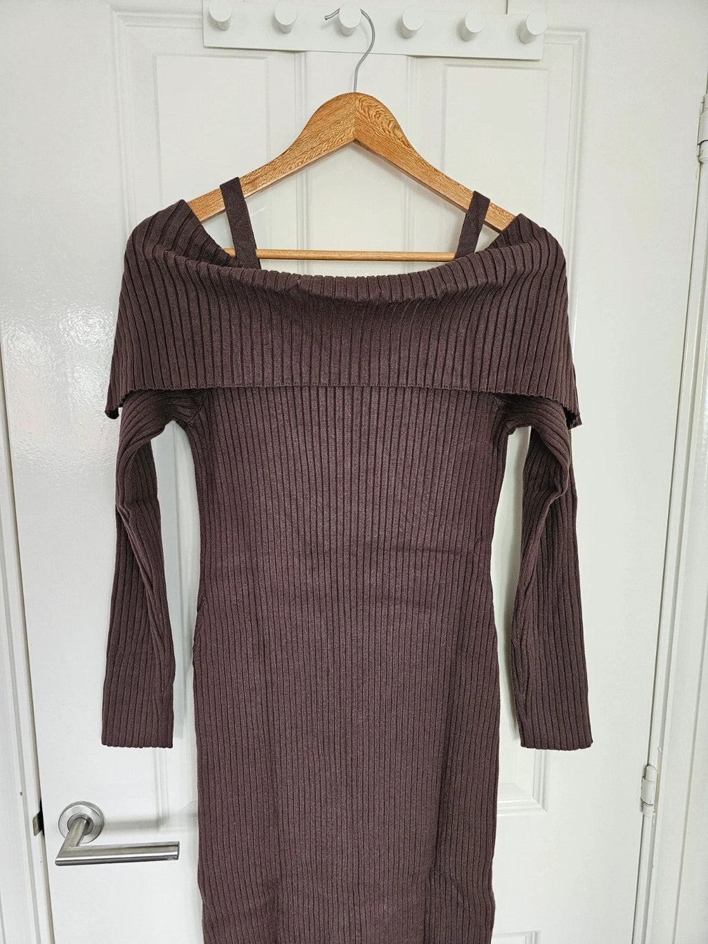 Killstar women dust empress maxi dress thick rib long sleeve off shoulder brown L/12-14