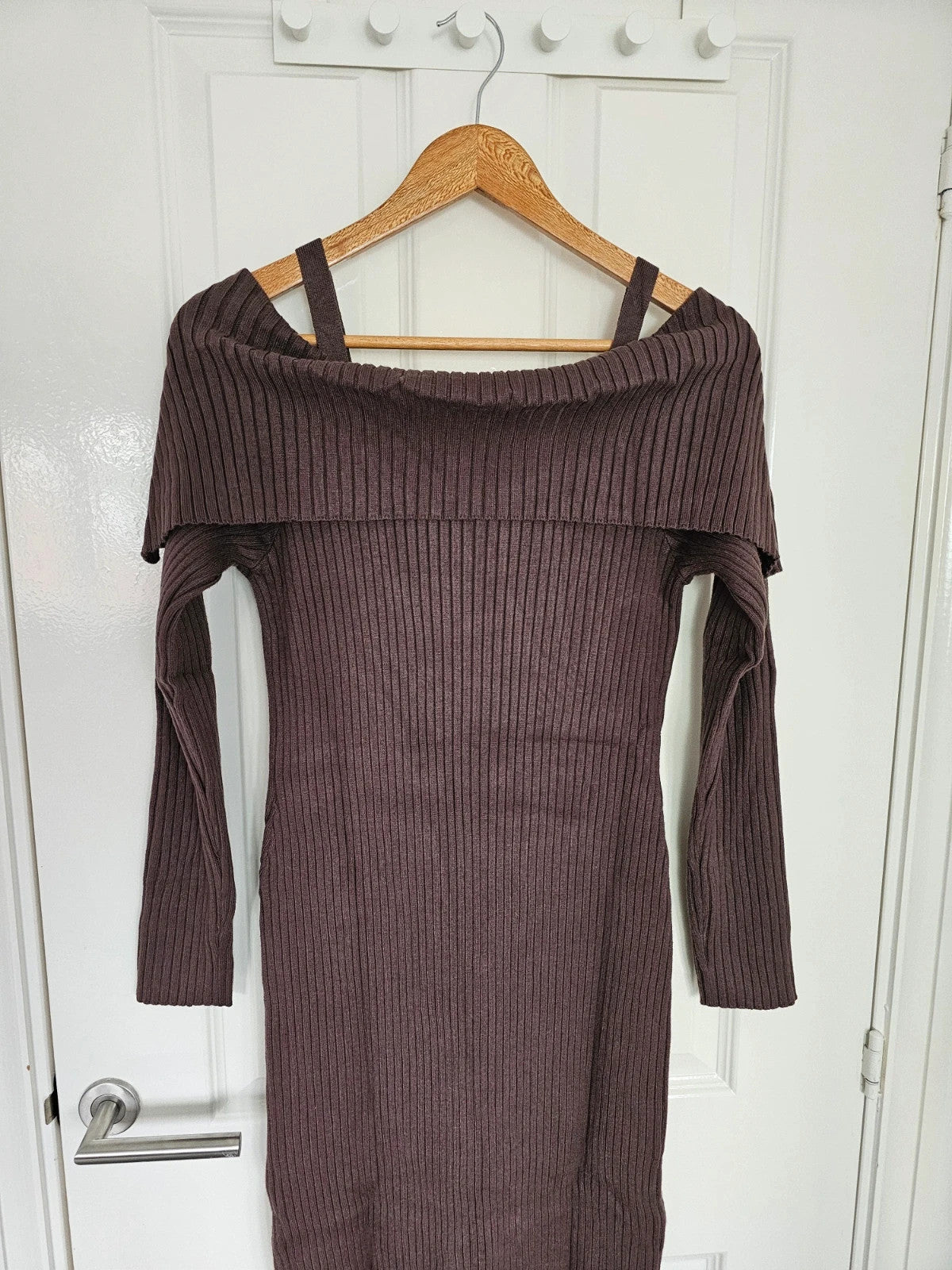 Killstar women dust empress maxi dress thick rib long sleeve off shoulder brown L/12-14