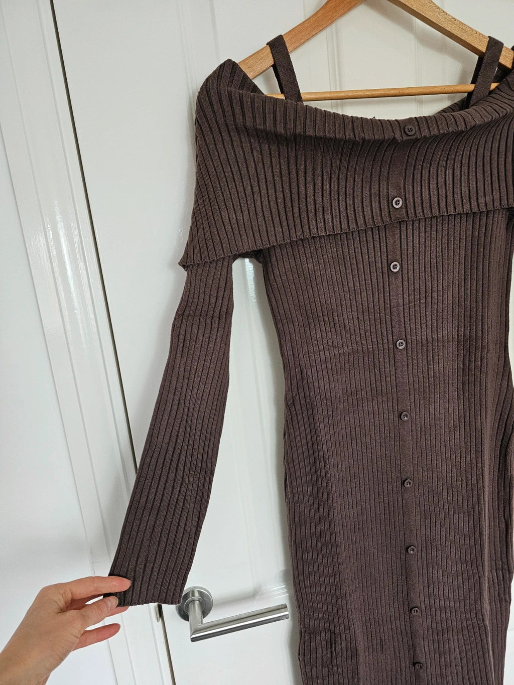 Killstar women dust empress maxi dress thick rib long sleeve off shoulder brown L/12-14