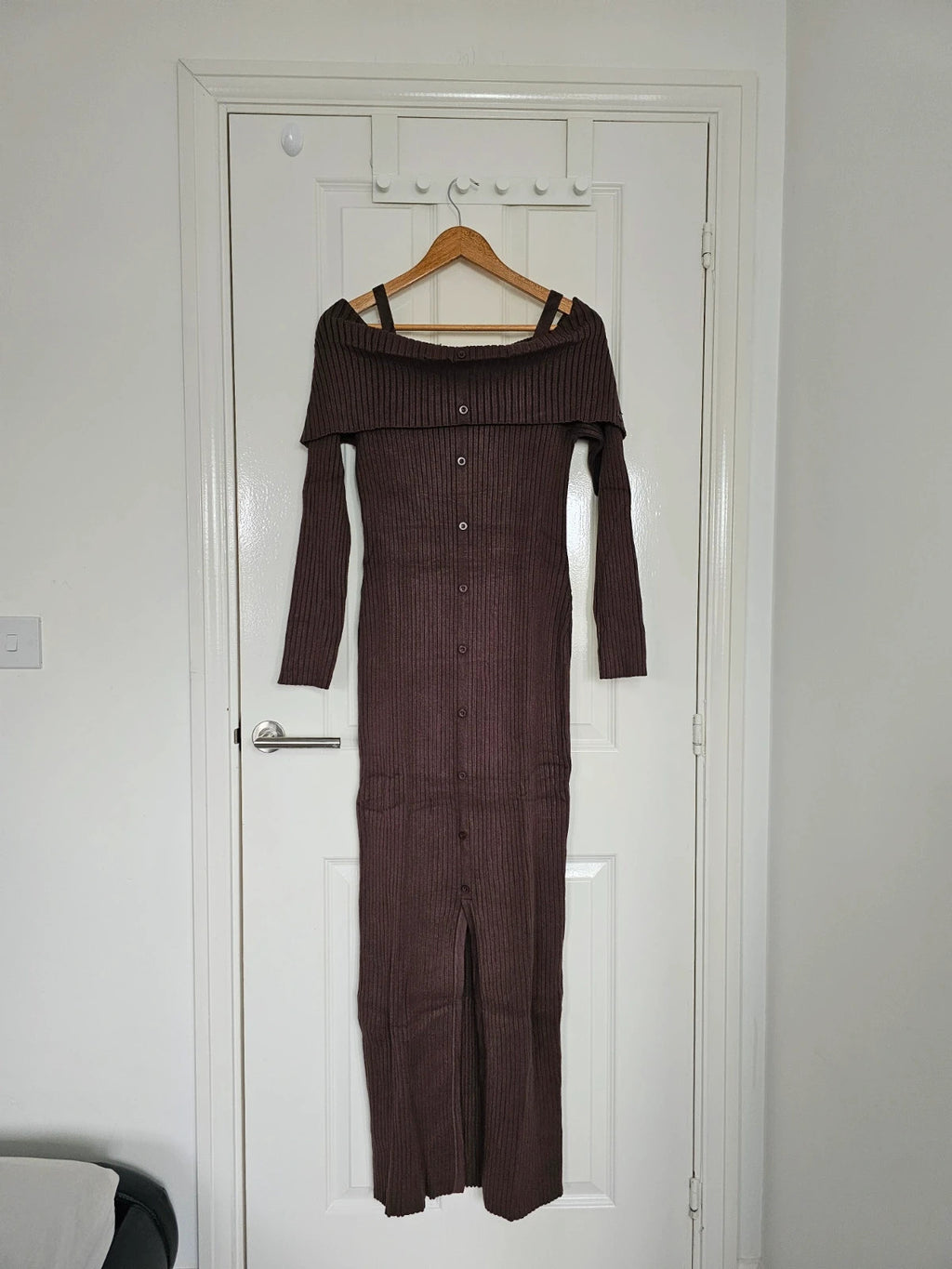 Killstar women dust empress maxi dress thick rib long sleeve off shoulder brown L/12-14