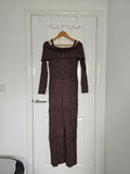 Killstar women dust empress maxi dress thick rib long sleeve off shoulder brown L/12-14