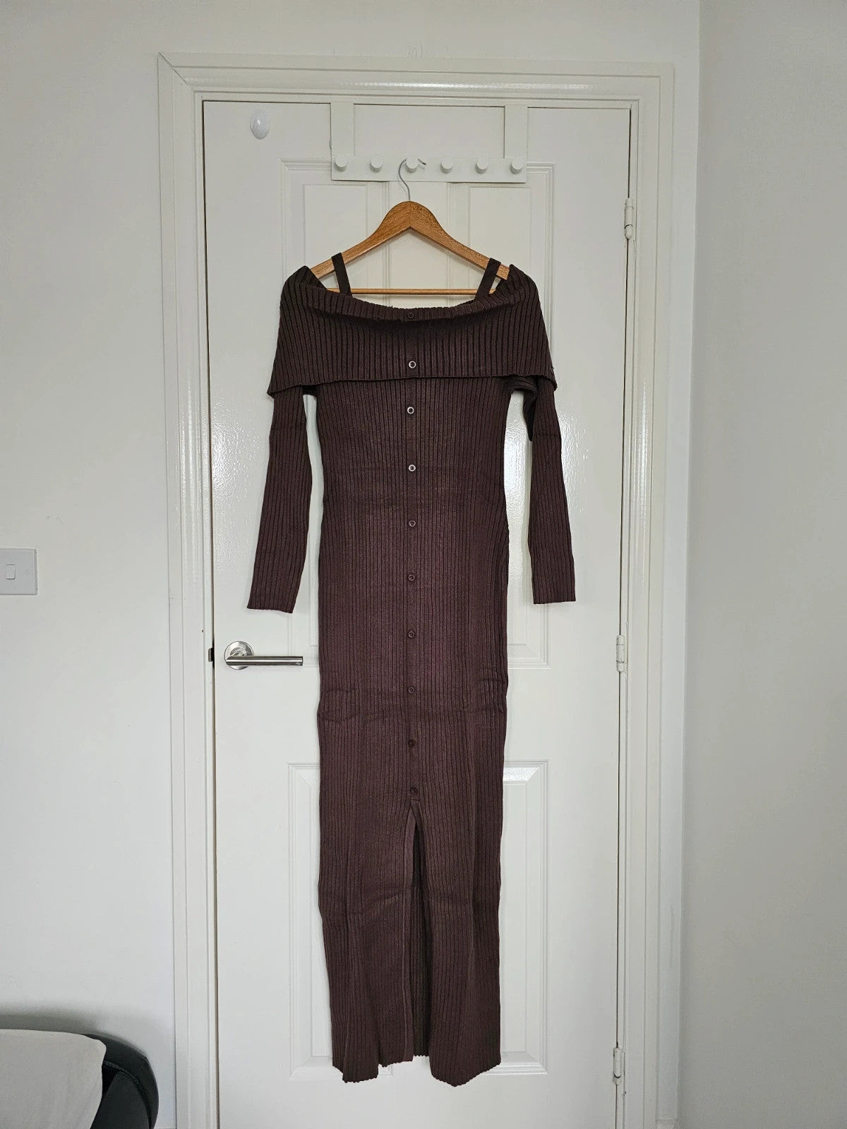 Killstar women dust empress maxi dress rib thick long sleeve off shoulder brown L/12-14