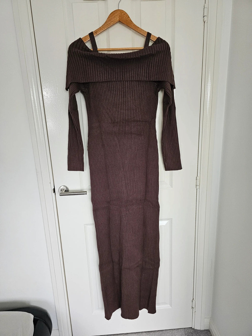 Killstar women dust empress maxi dress rib thick long sleeve off shoulder brown L/12-14