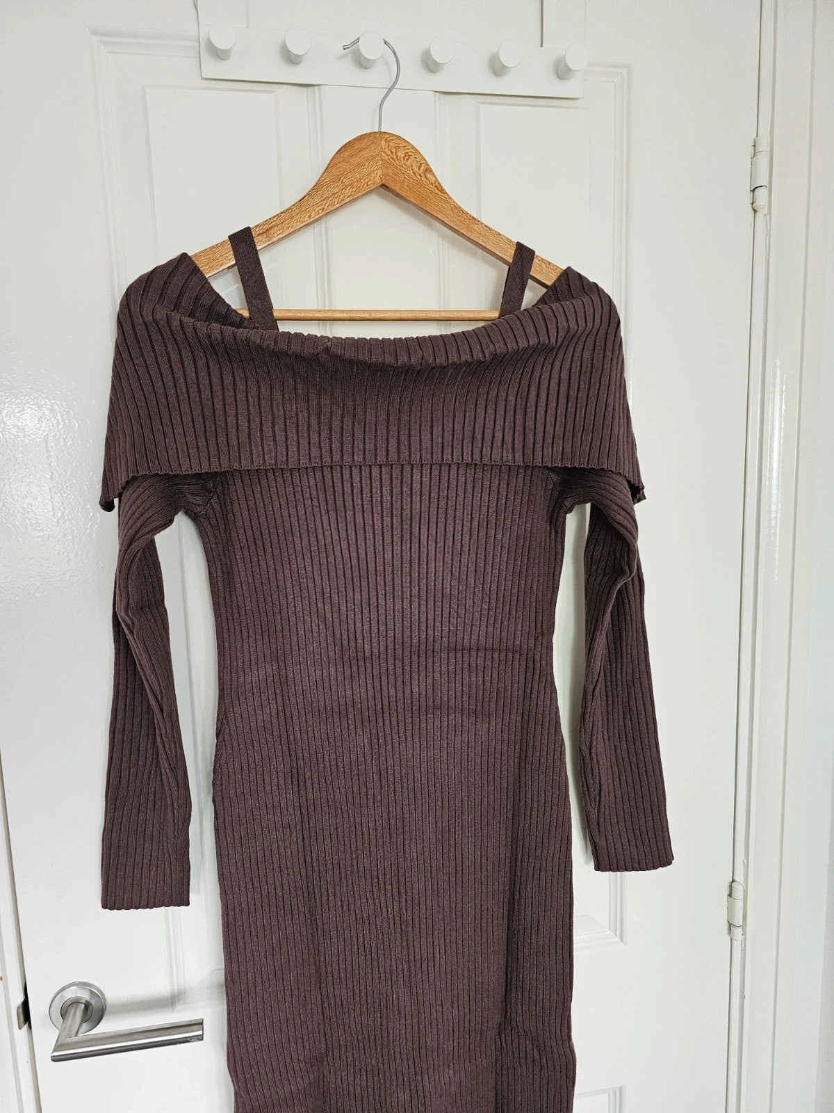 Killstar women dust empress maxi dress rib thick long sleeve off shoulder brown L/12-14