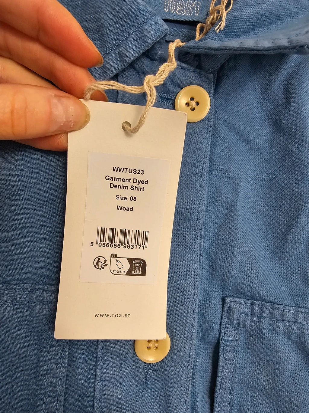 Toast women garment dyed denim shirt cotton long sleeve patch pocket workwear jacket blue S/8