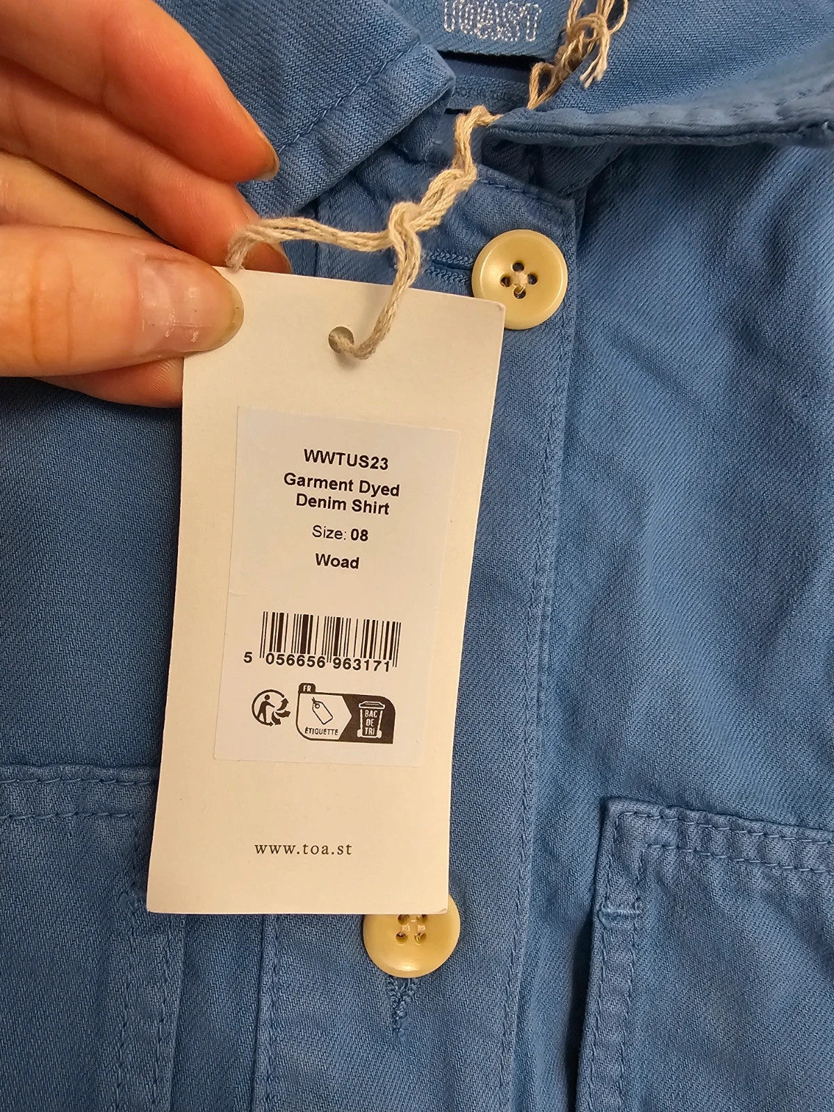 Toast women garment dyed denim shirt cotton long sleeve patch pocket workwear jacket blue S/8