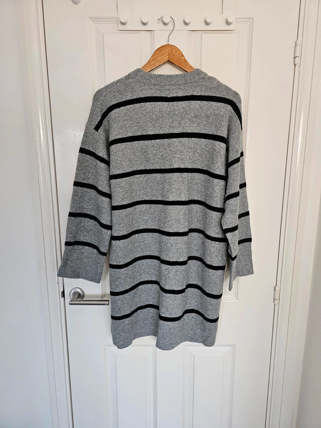 Asos women crew neck wide cuff mini dress stripes knitted fabric long sleeve grey/black S/8