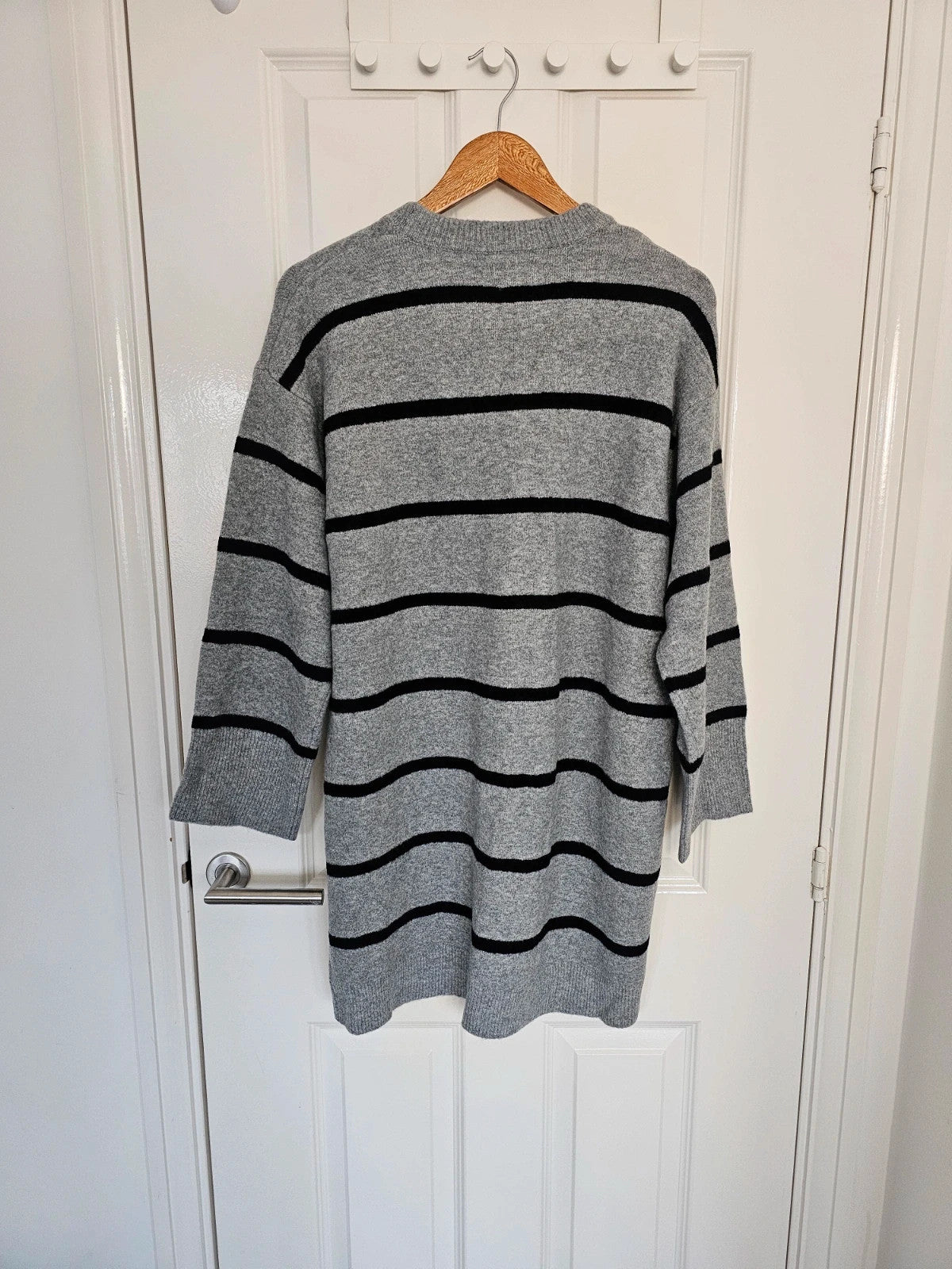 Asos women crew neck wide cuff mini dress stripes knitted fabric long sleeve grey/black S/8