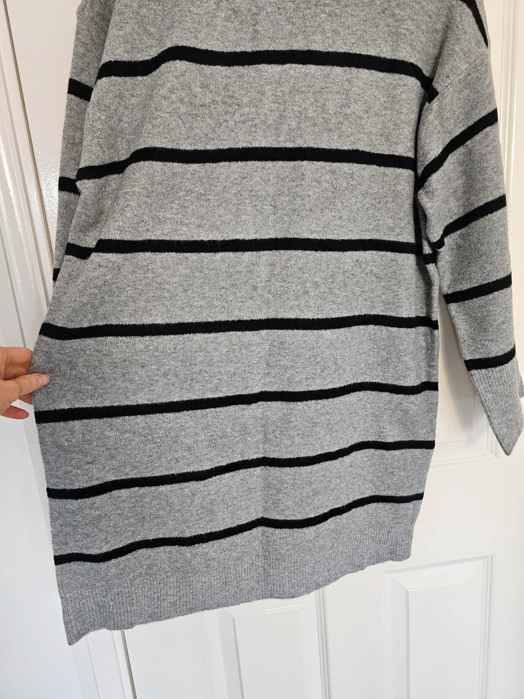 Asos women crew neck wide cuff mini dress stripes knitted fabric long sleeve grey/black S/8