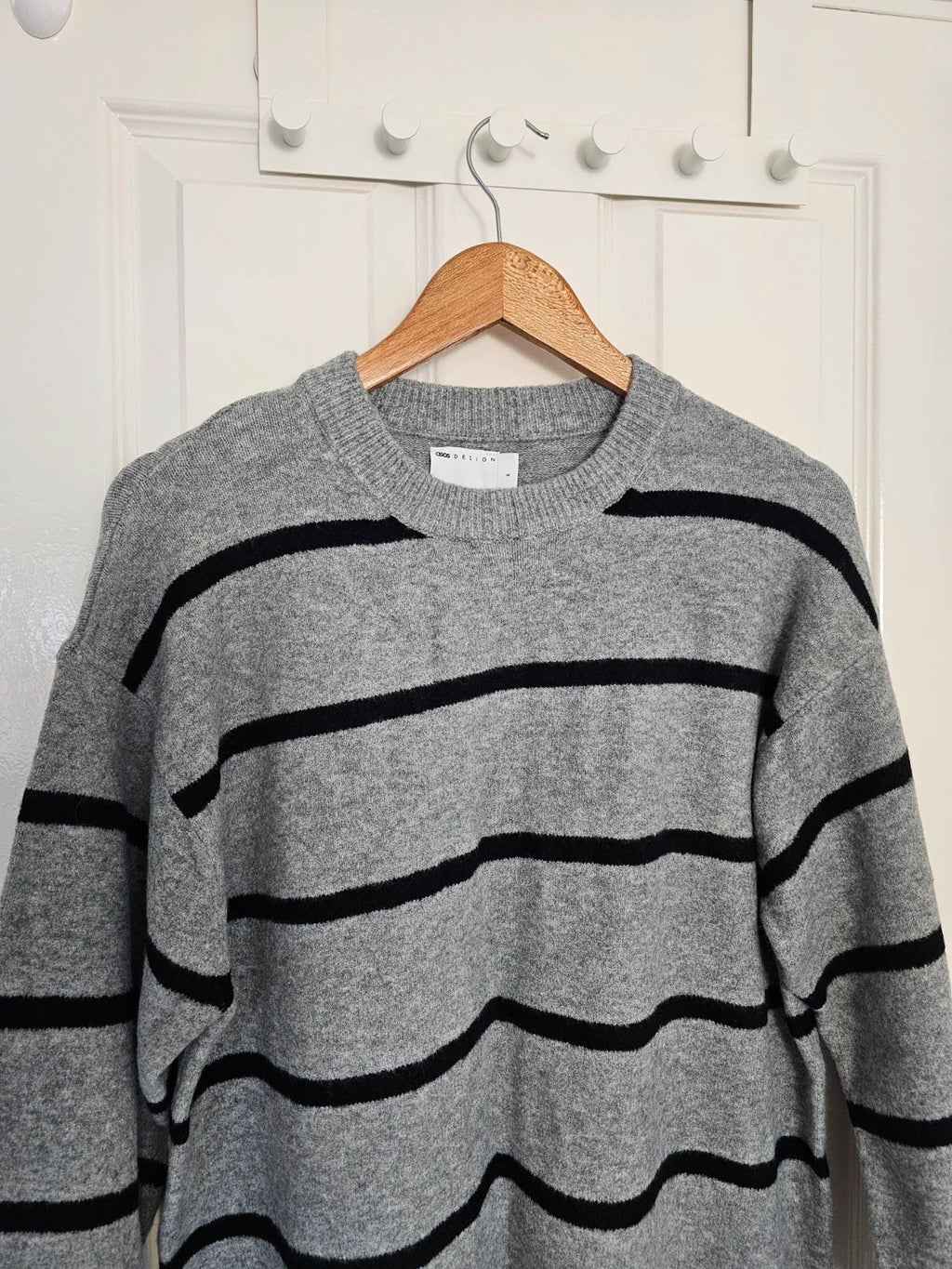 Asos women crew neck wide cuff mini dress stripes knitted fabric long sleeve grey/black S/8