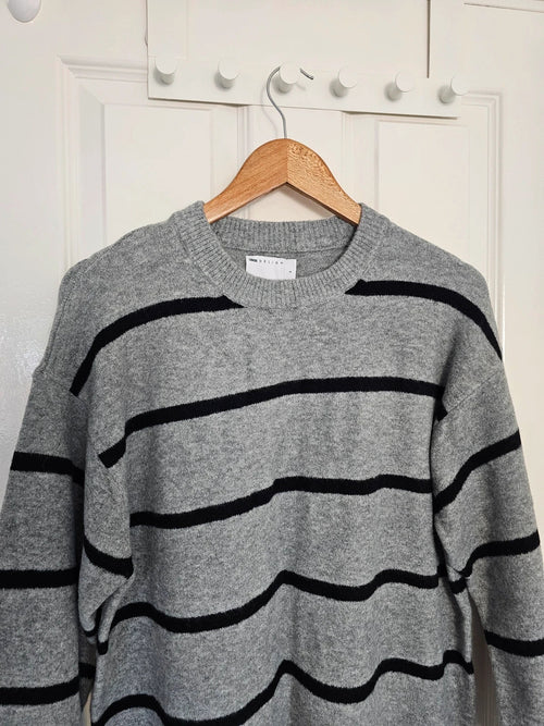 Asos women crew neck wide cuff mini dress stripes knitted fabric long sleeve grey/black S/8