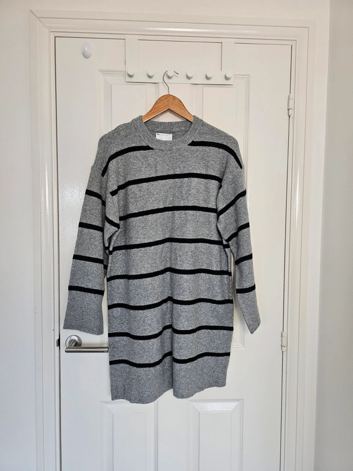 Asos women crew neck wide cuff mini dress stripes knitted fabric long sleeve grey/black S/8