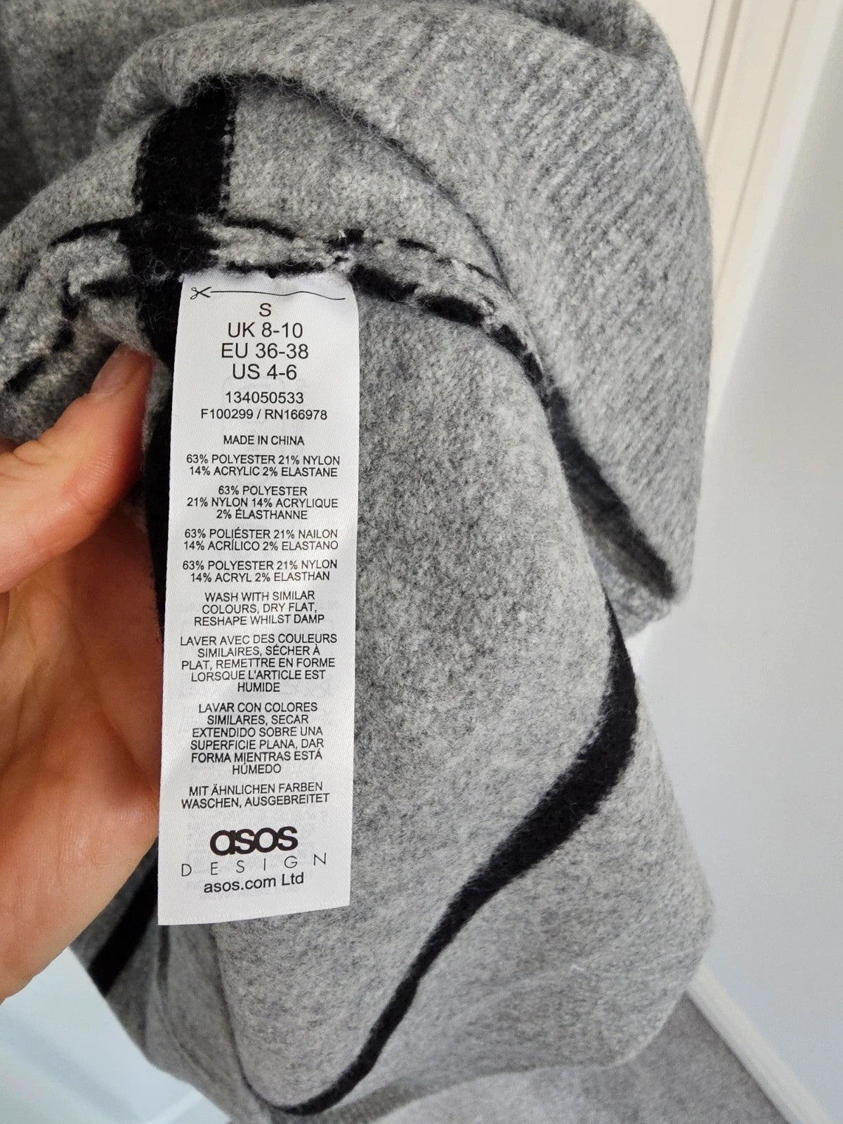 Asos women crew neck wide cuff mini dress stripes knitted fabric long sleeve grey/black S/8