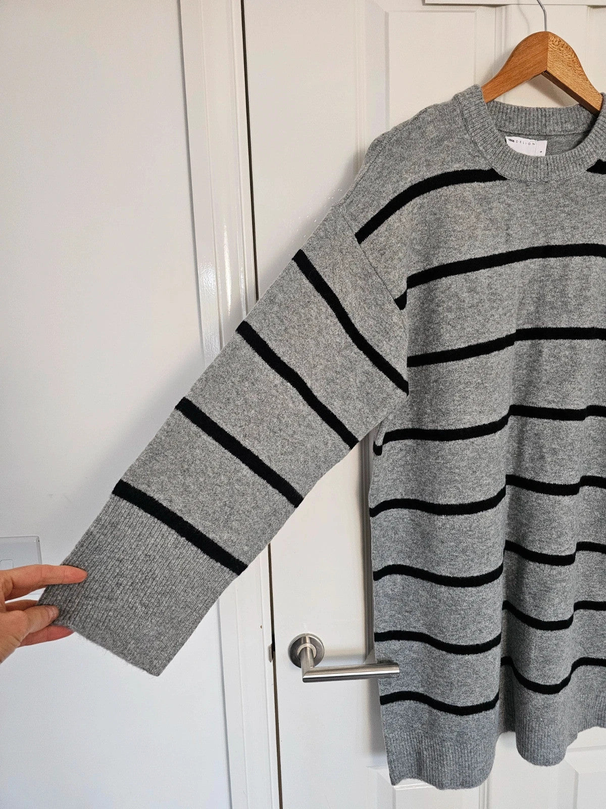 Asos women crew neck wide cuff mini dress stripes knitted fabric long sleeve grey/black S/8
