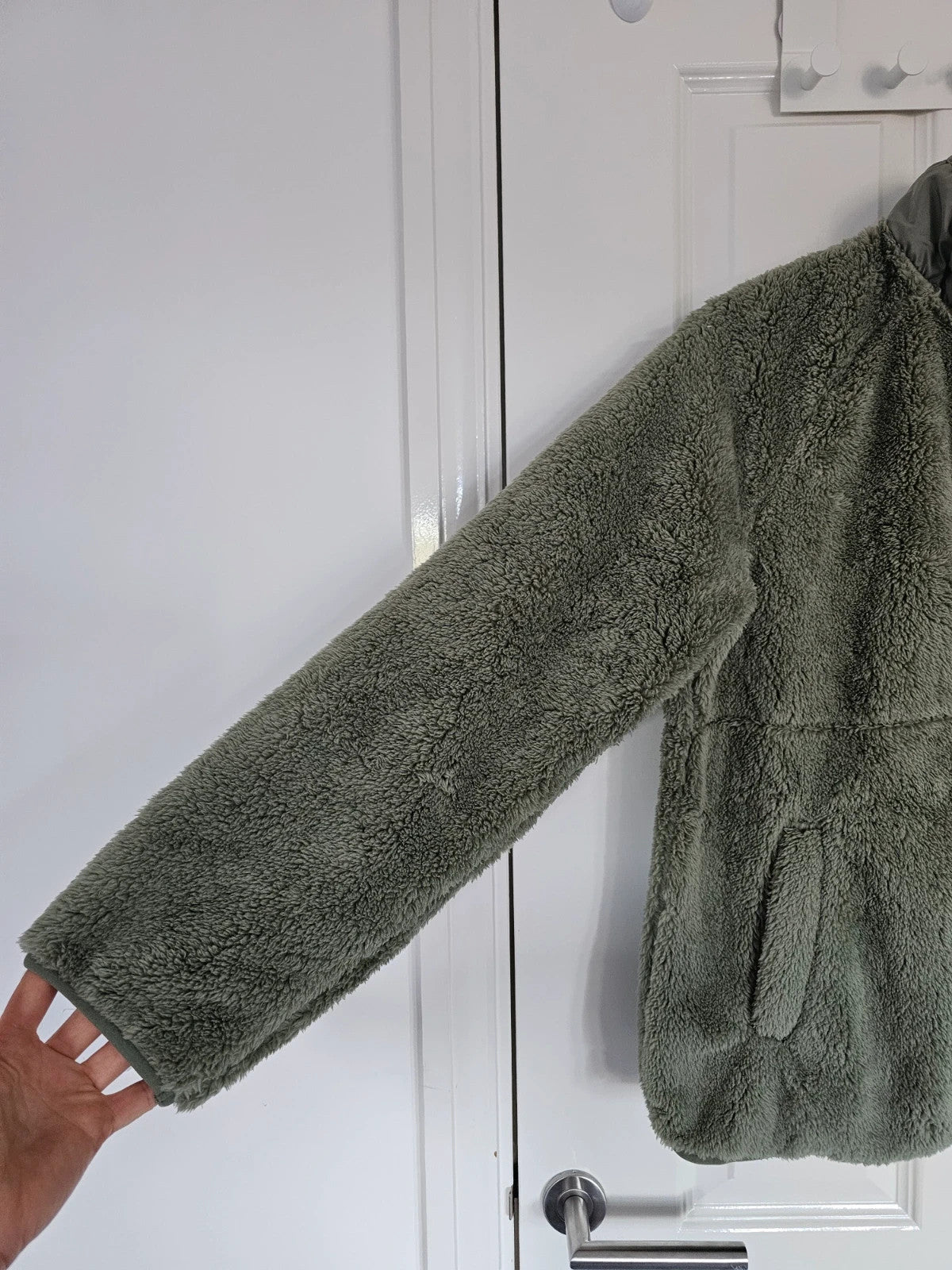Reebok women double monkey fleece jacket sherpa utility high collar full zip reinforced green/sage L
