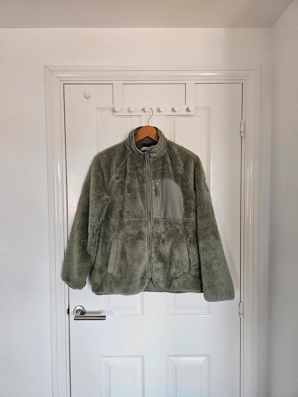 Reebok women double monkey fleece jacket sherpa utility high collar full zip reinforced green/sage L