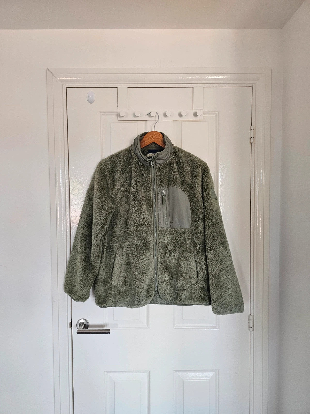 Reebok women double monkey fleece jacket sherpa utility high collar full zip reinforced green/sage L