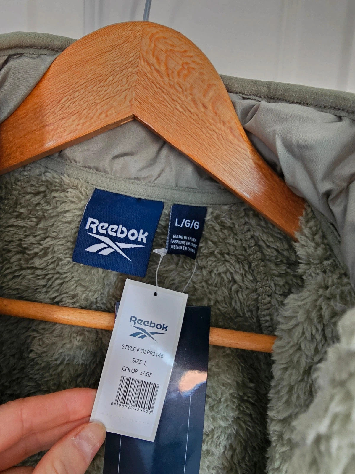 Reebok women double monkey fleece jacket sherpa utility high collar full zip reinforced green/sage L
