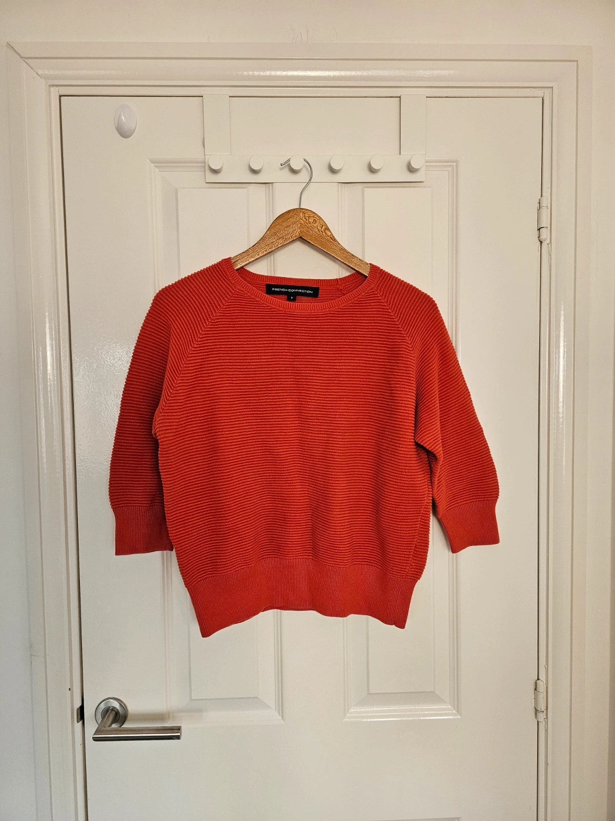 French Connection women knit crew neck jumper cotton 3/4 sleeve sweater red casual S/8