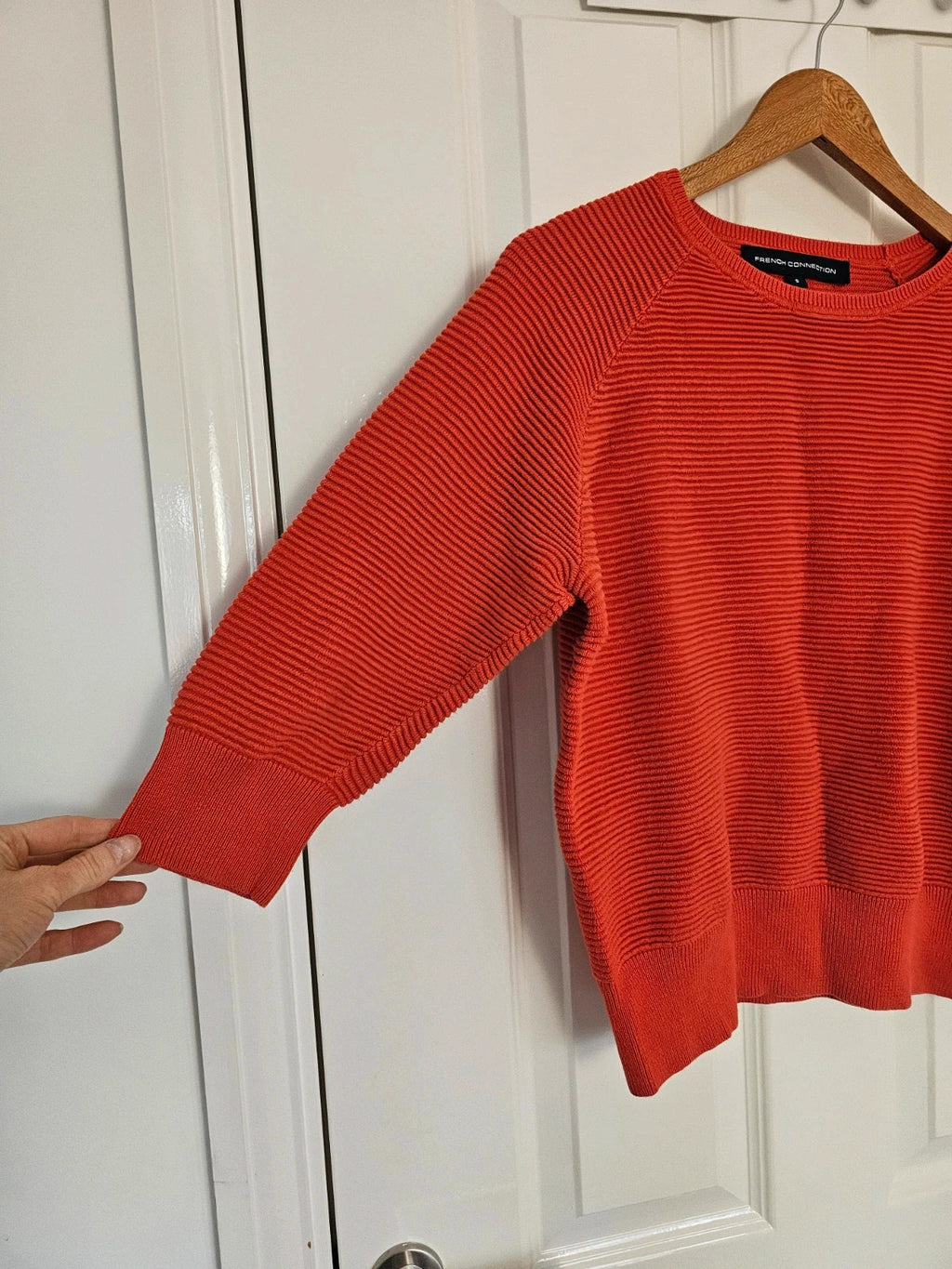French Connection women knit crew neck jumper cotton 3/4 sleeve sweater red casual S/8