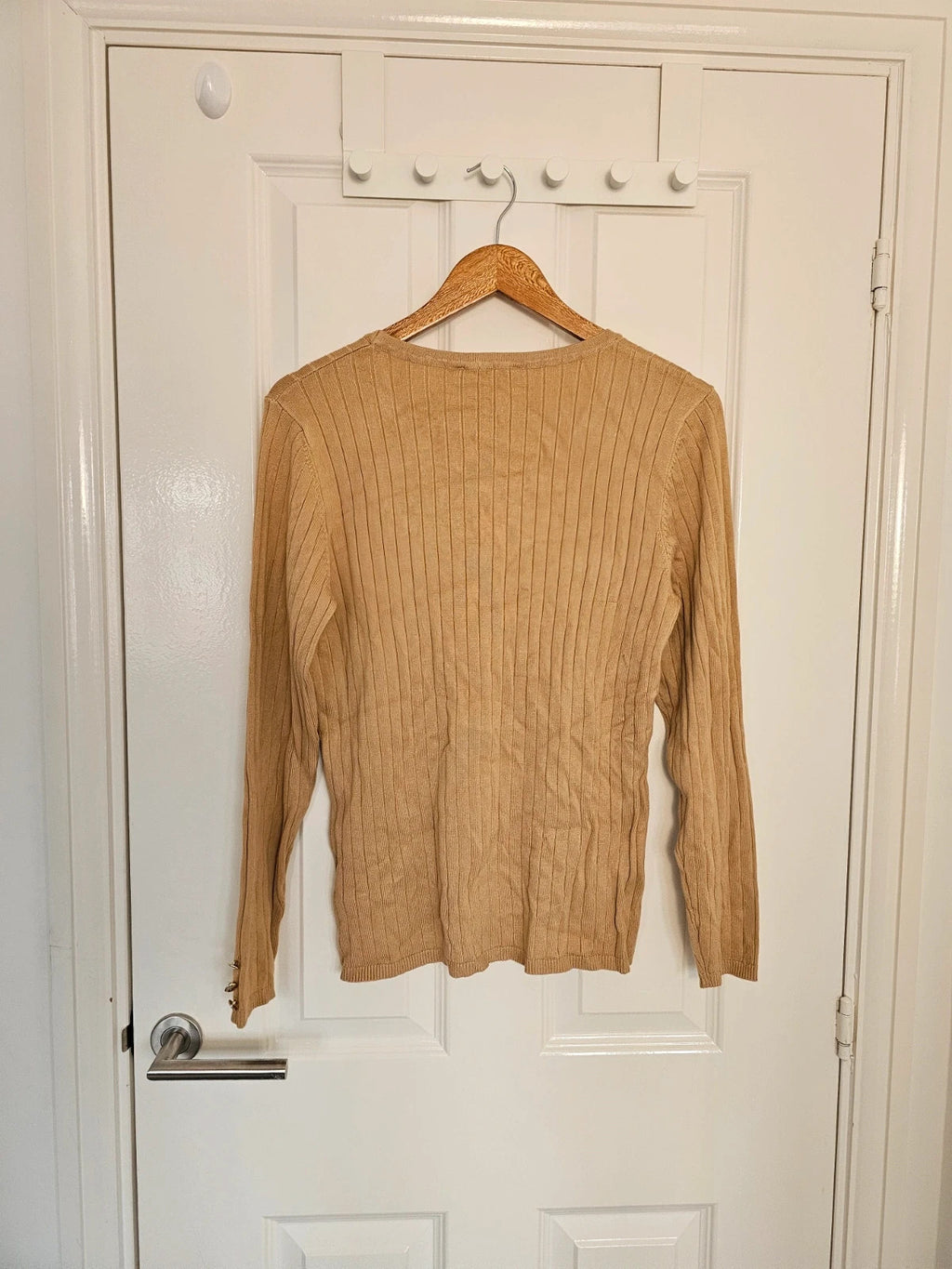 Afibel crew neck rib knit jumper viscose long sleeve top buttons sleeve fitted carmel/beige XL /14